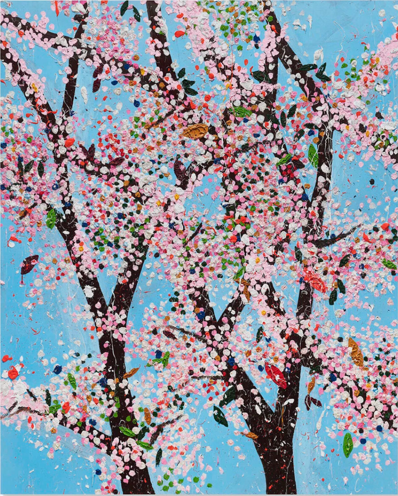 A vibrant, textured painting of a blossoming tree against a bright blue sky.