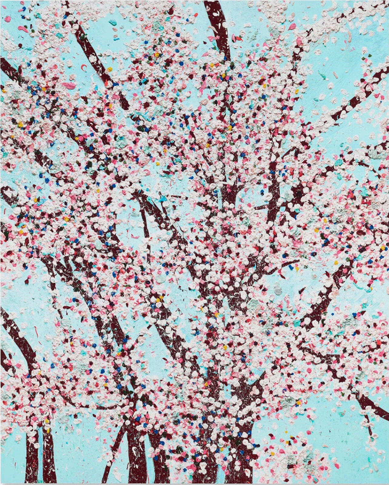 A textured painting of blooming trees against a light blue background.