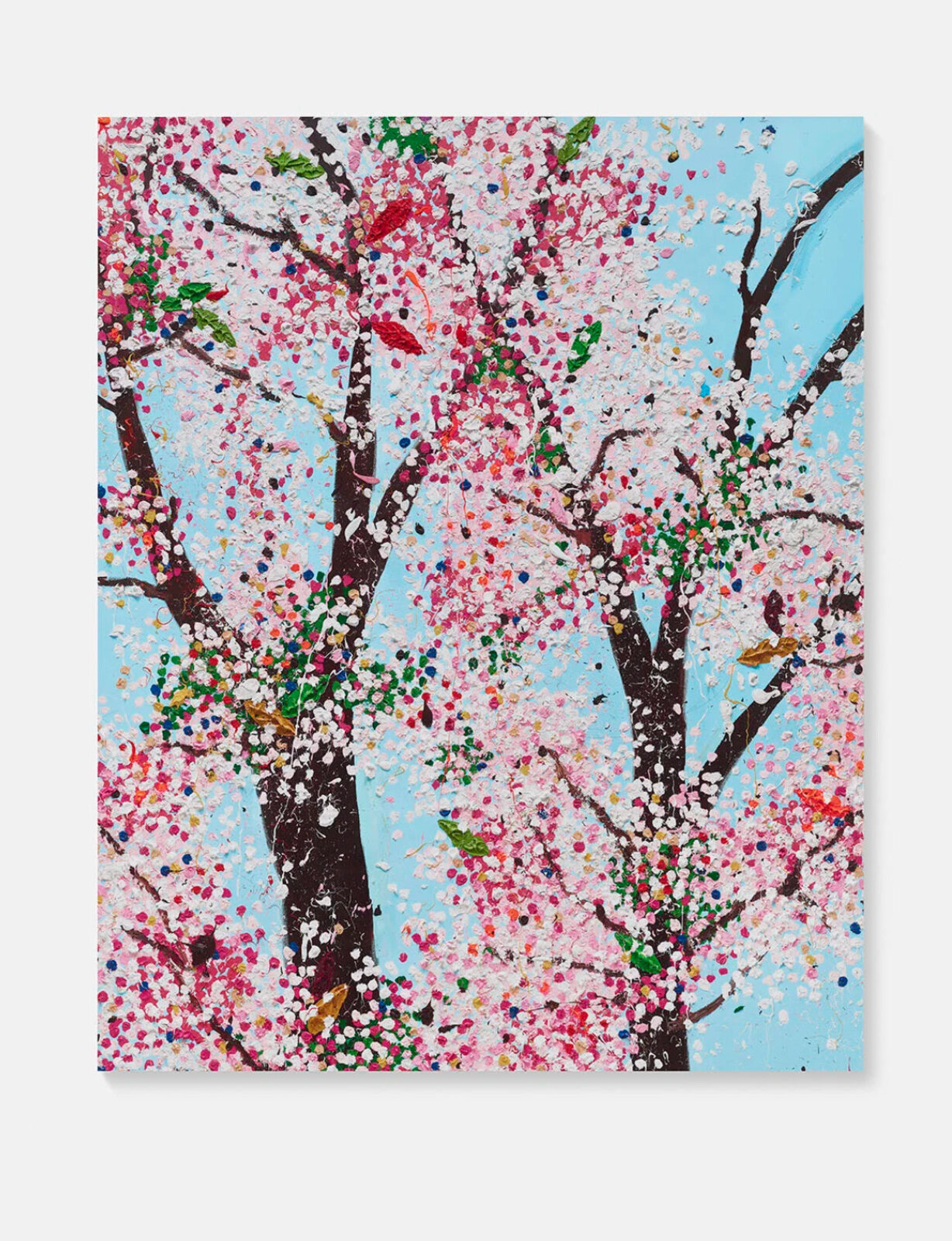 A vibrant, textured painting of blooming trees against a bright blue sky.