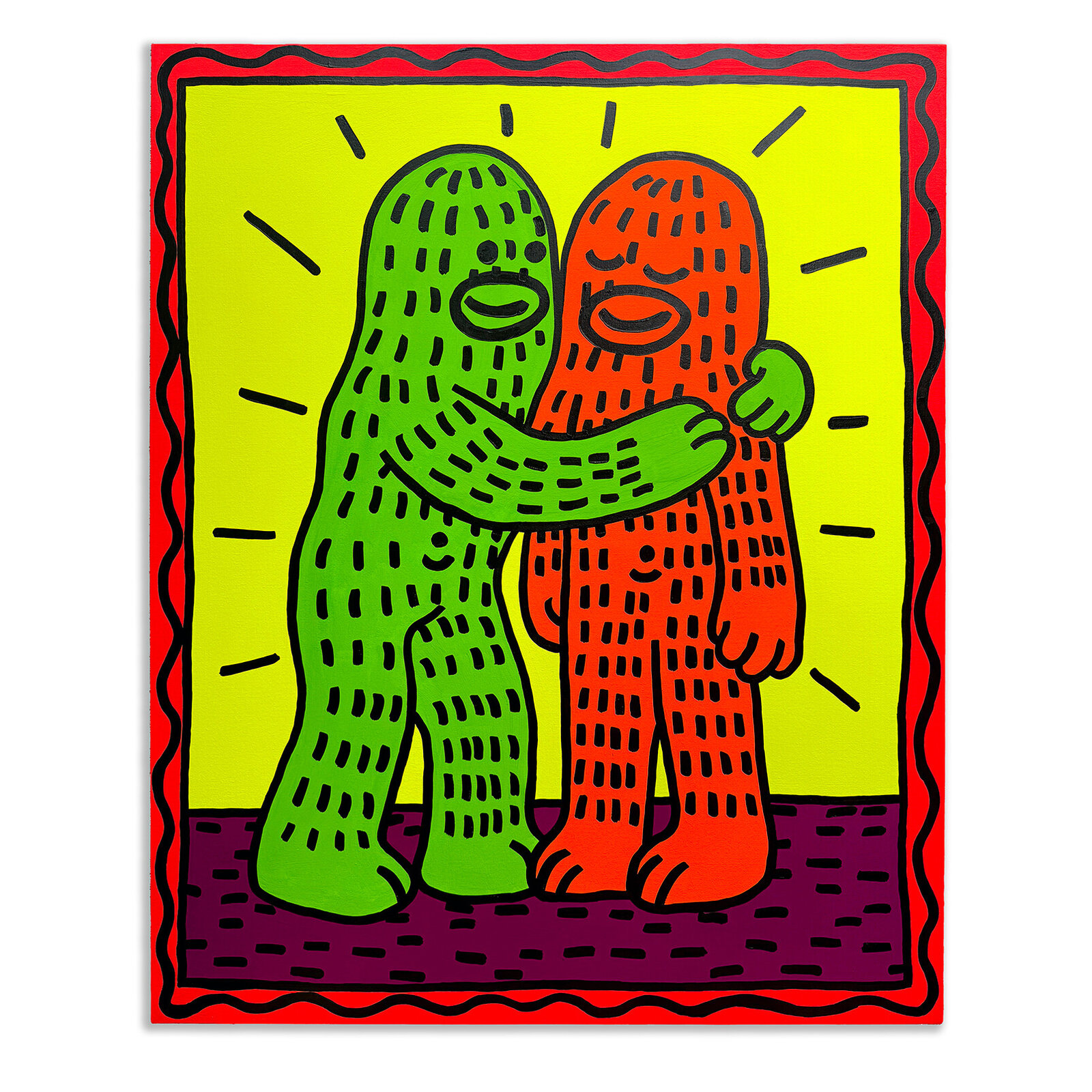 A colorful pop-art style illustration of two hugging figures.