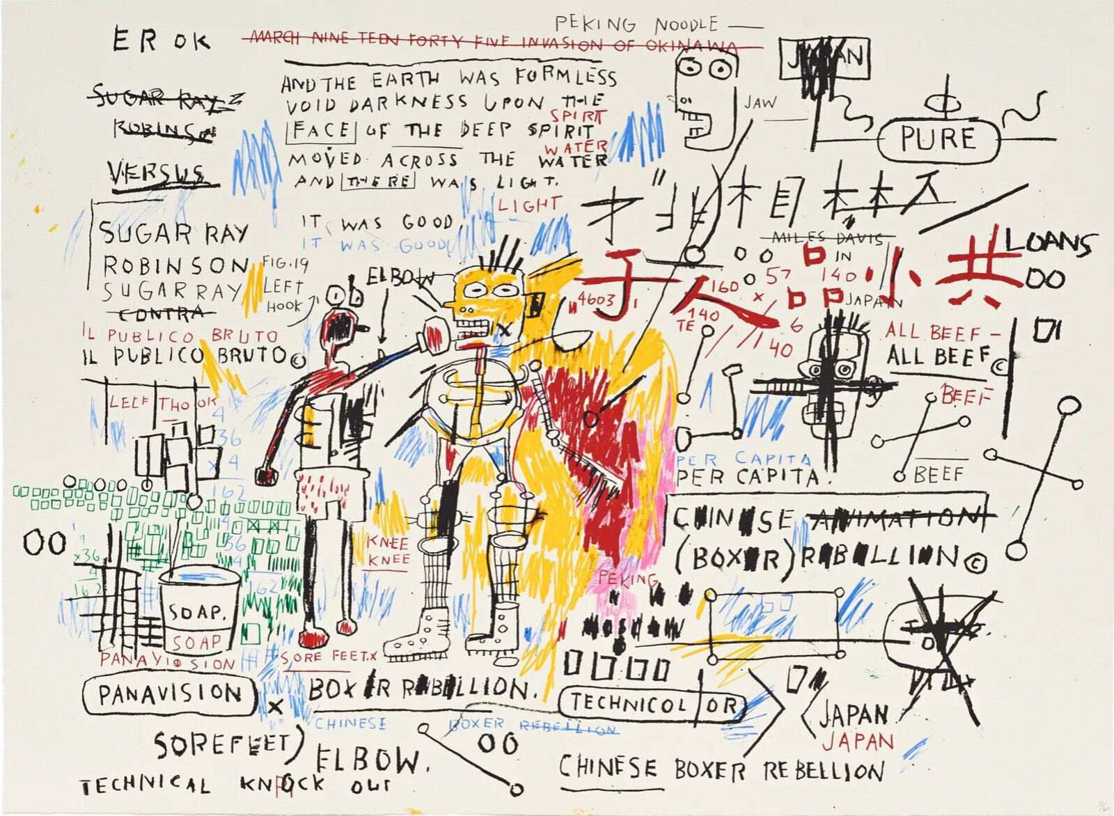 A chaotic, text-heavy drawing featuring two robot-like figures amidst a collage of words and symbols.