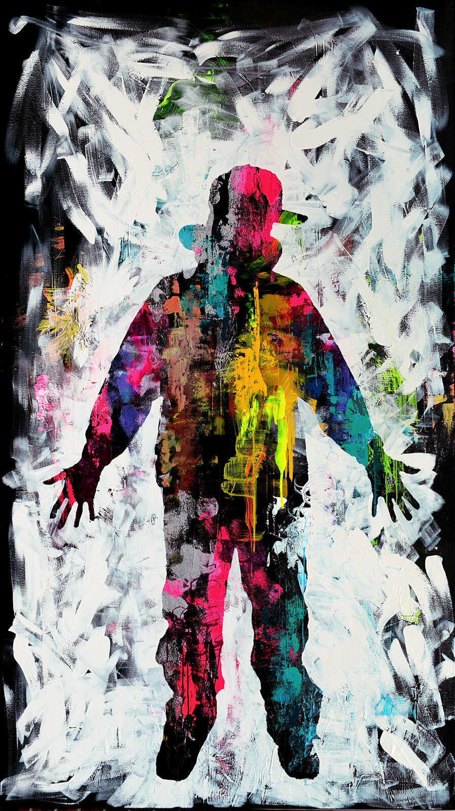 A vibrant abstract portrait of a figure surrounded by explosive white brushstrokes.