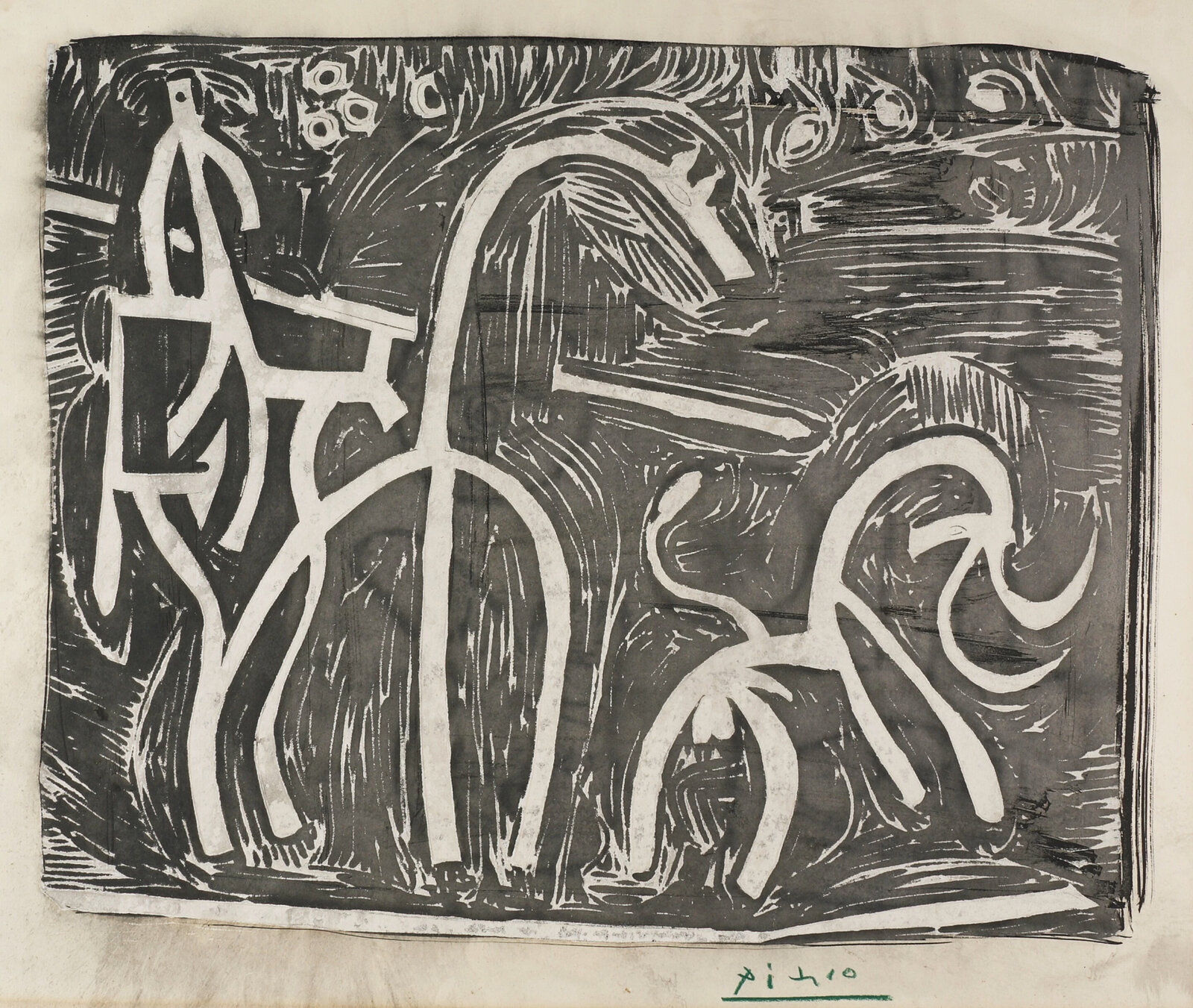 A black and white woodcut print depicting a stylized kitchen faucet with a figure in the background.