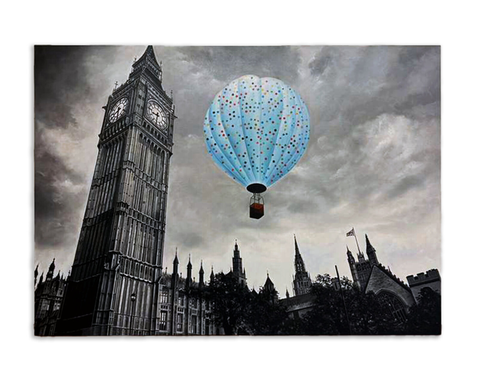 A whimsical painting of a colorful hot air balloon floating above a monochrome city skyline.