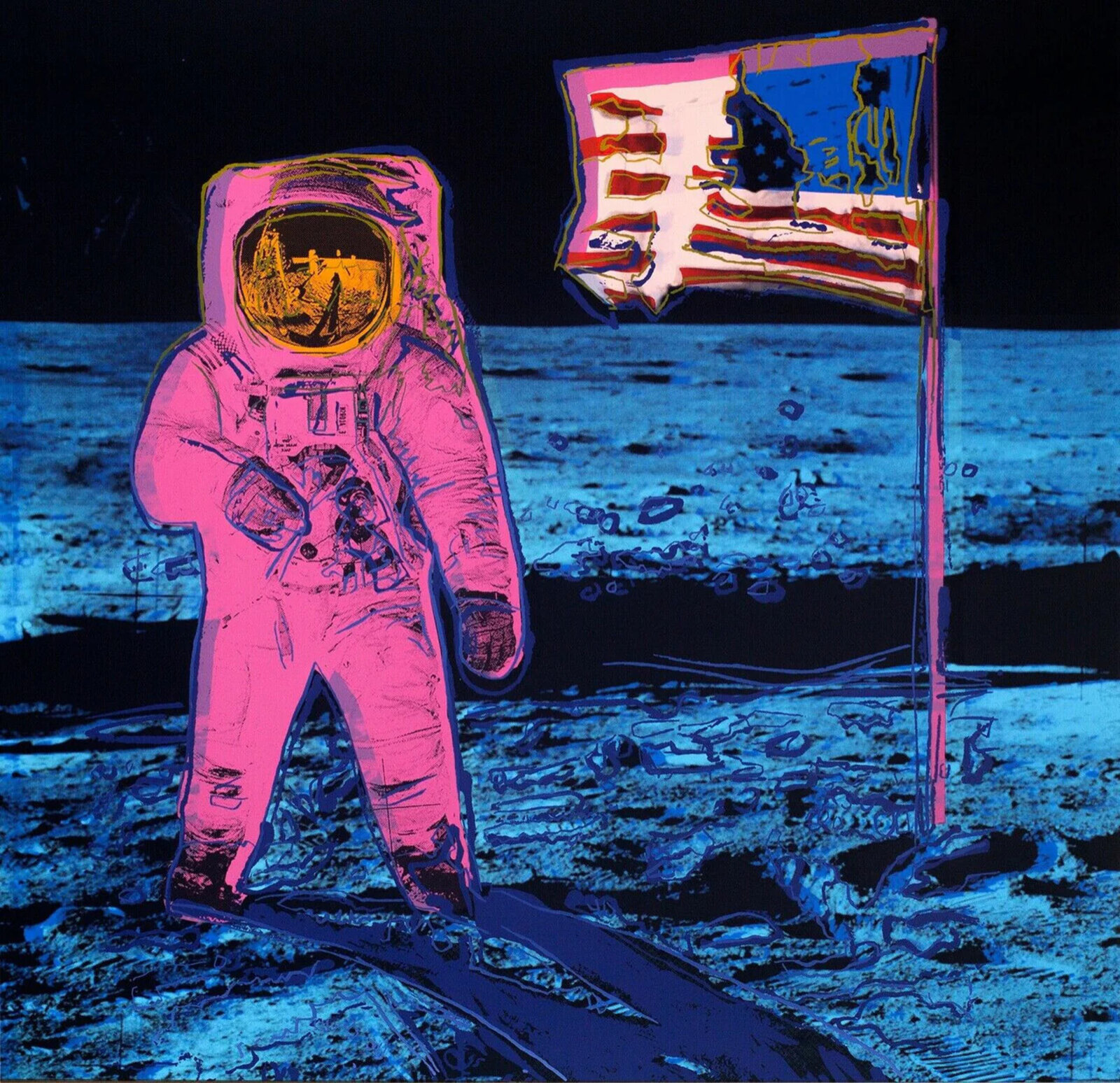 A pop-art style print of a figure in a spacesuit standing on a barren landscape next to a flag.