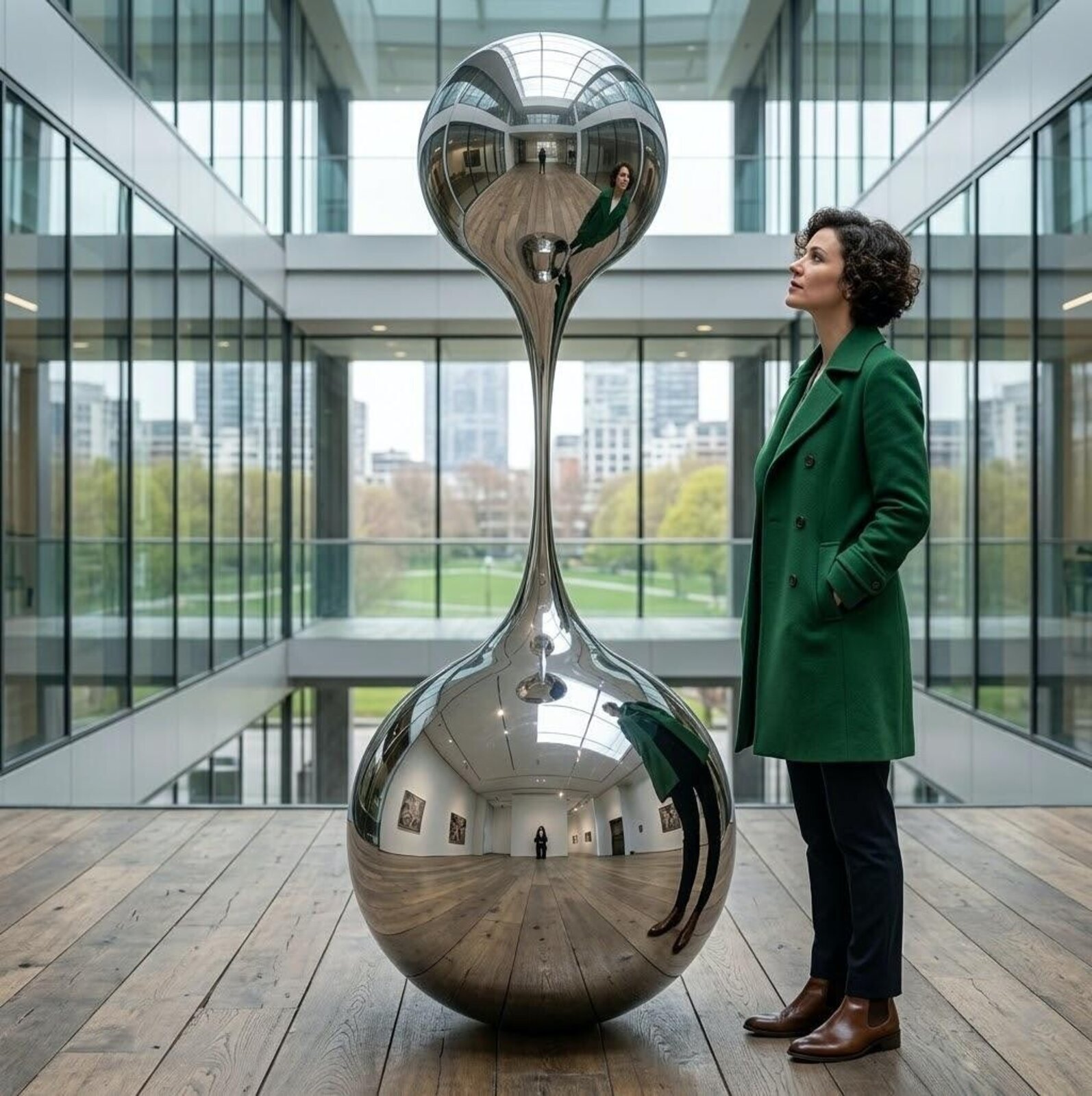 A reflective sculpture and a figure in green stand together in a modern glass atrium.