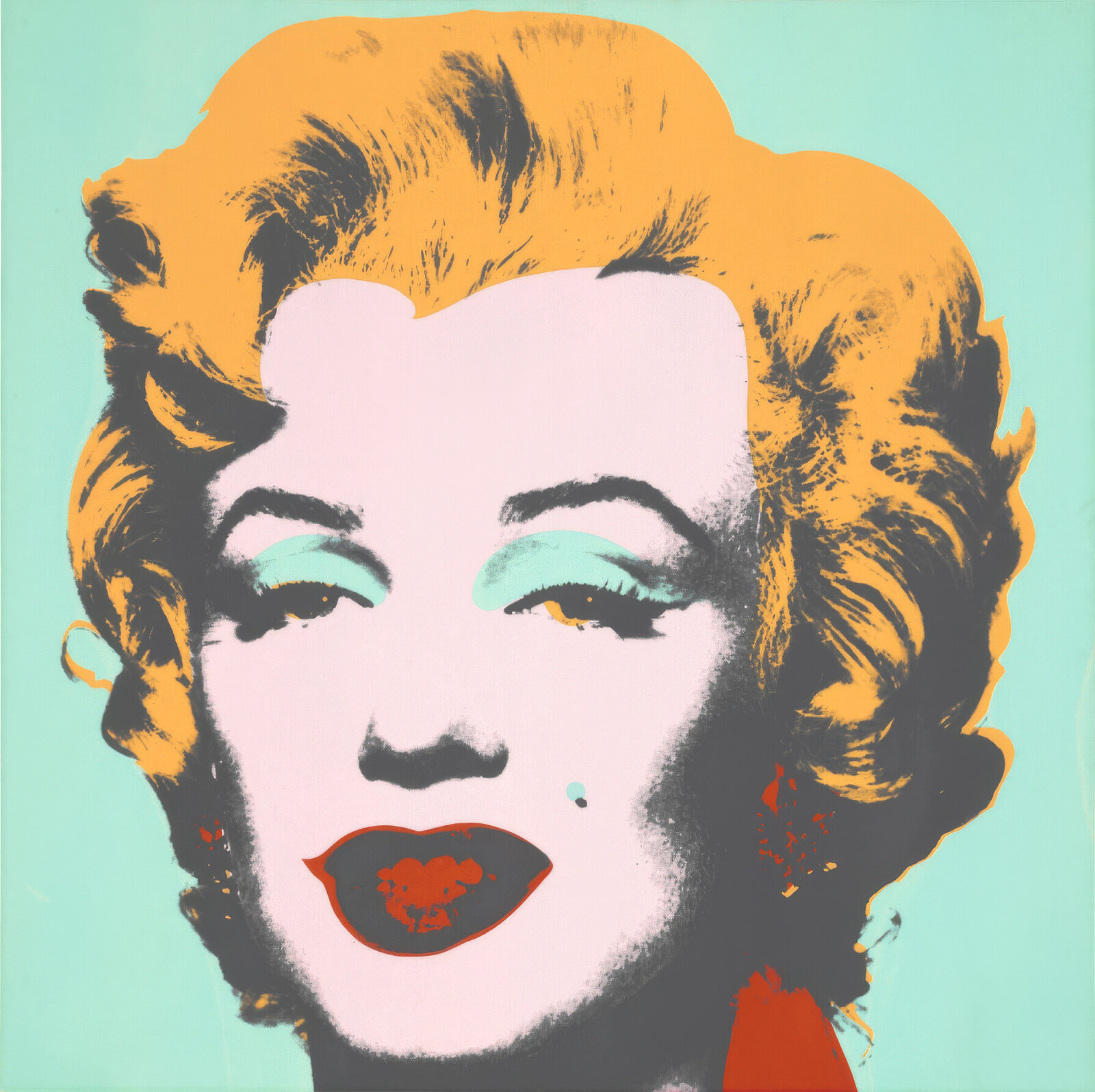 A bold pop-art portrait of a woman with vibrant colors and a stylized face.