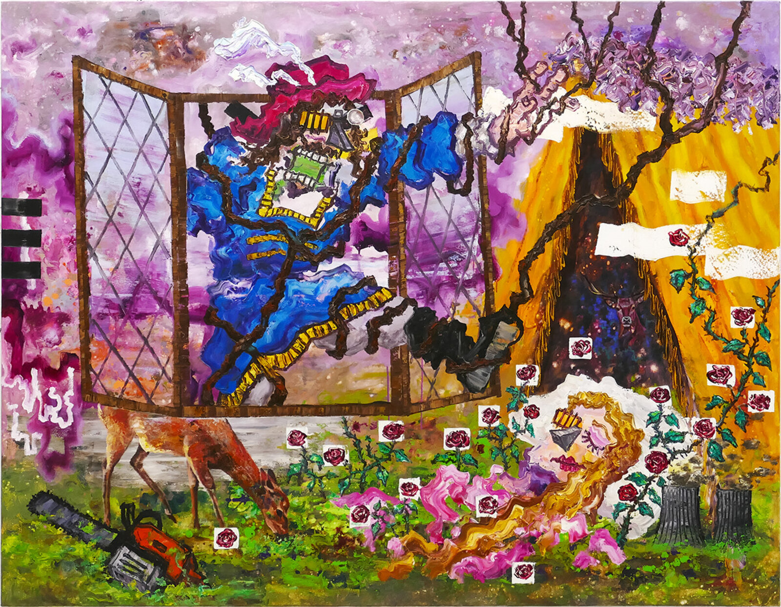 A surreal collage-style painting featuring a blue-clad figure, a deer, and a garden scene.