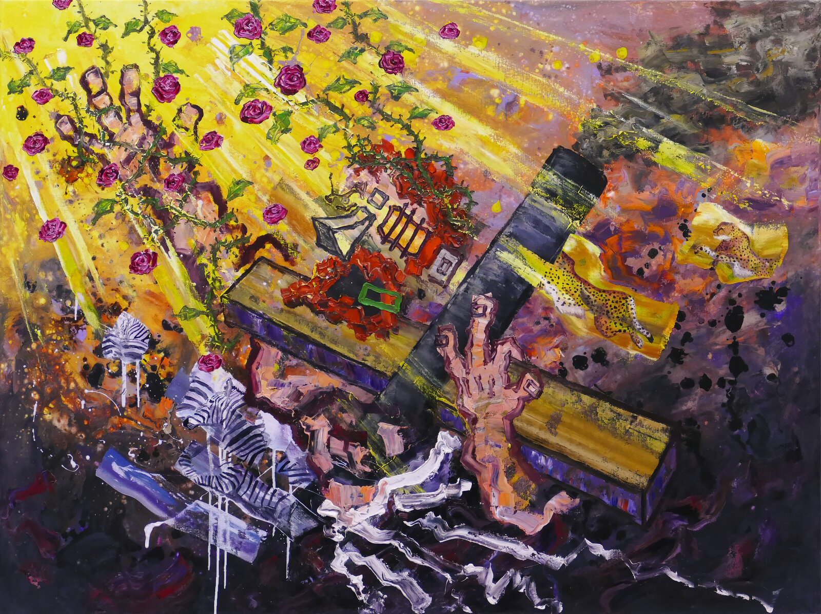 A chaotic, colorful painting of a coffin surrounded by hands, roses, and animals.