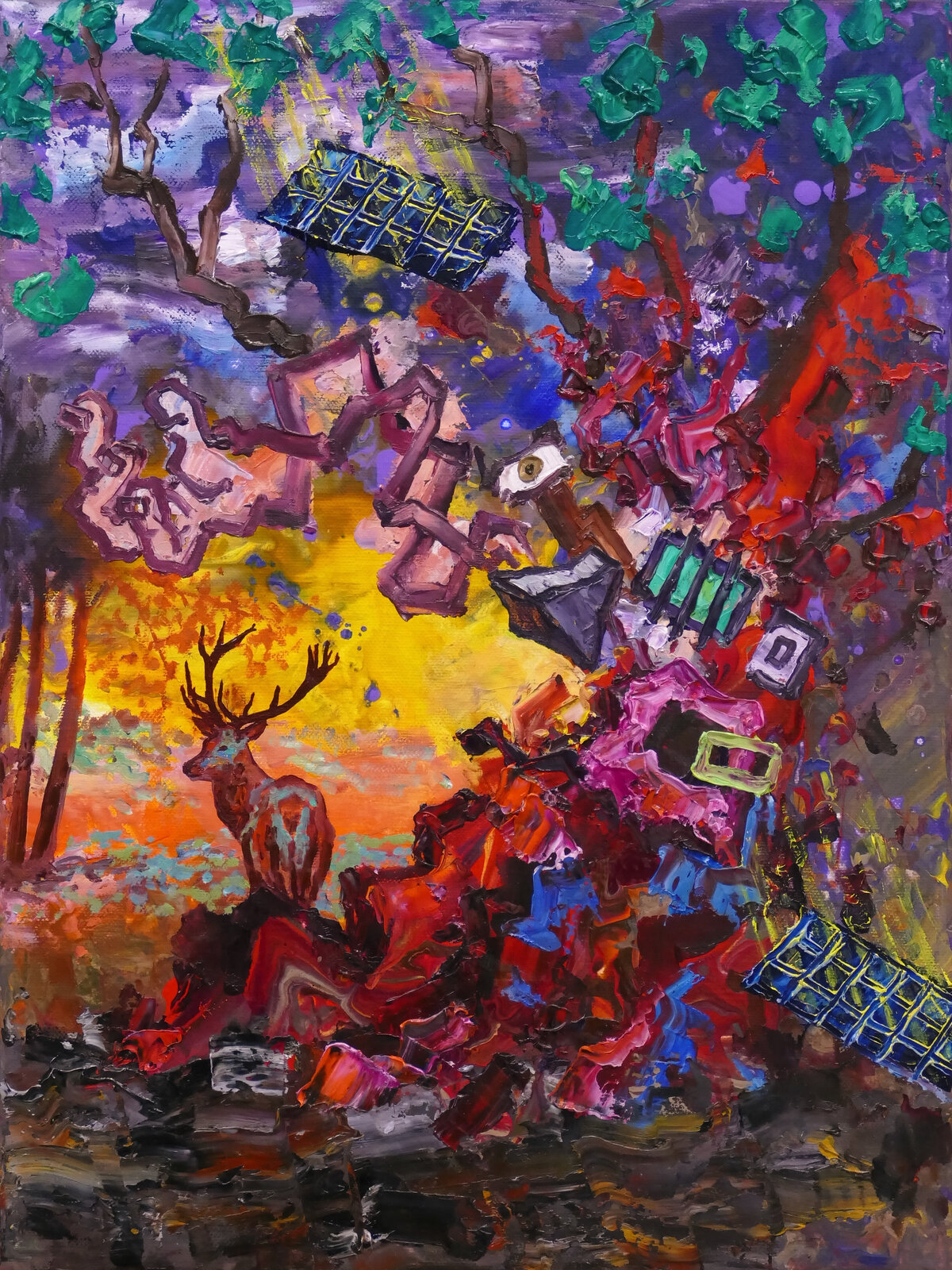 A chaotic, colorful painting of a forest scene with a deer and surreal floating objects.