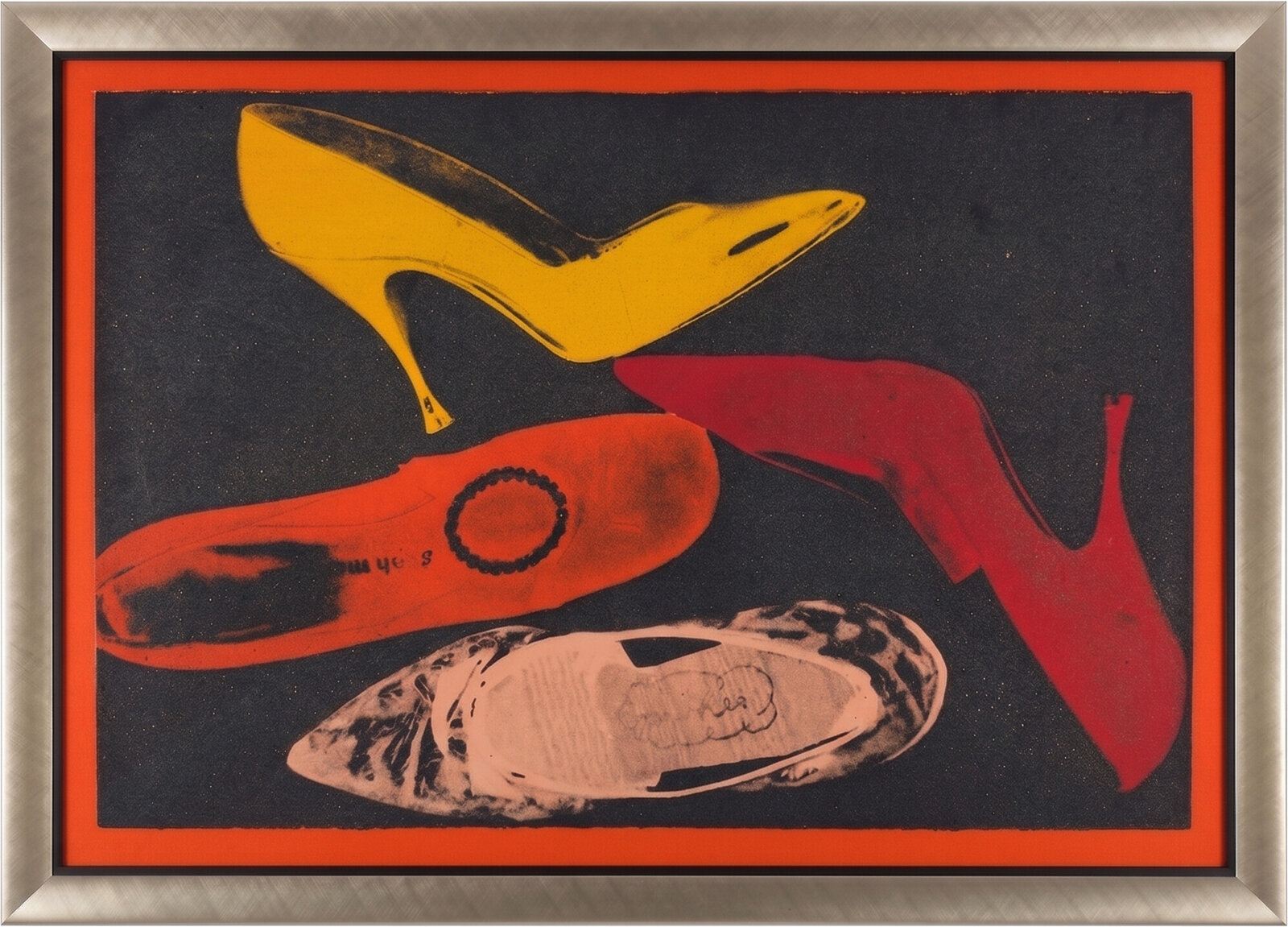A graphic print of four high-heeled shoes in bold colors against a dark background.