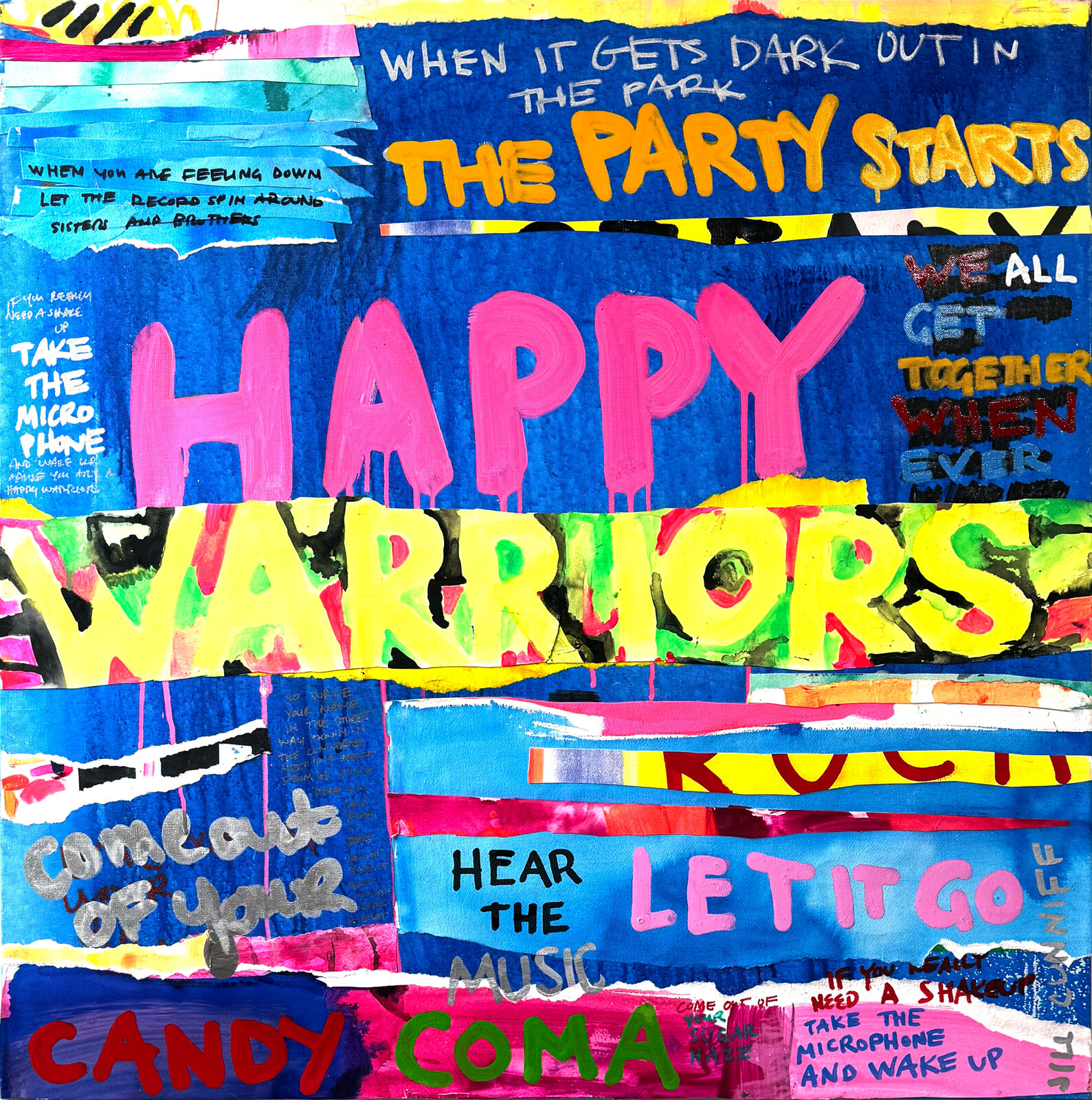 A chaotic, colorful collage of text and paint splatters on a blue background.