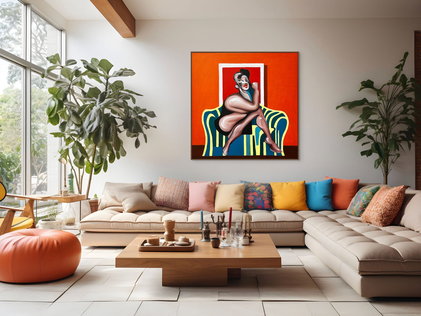 A modern living room scene featuring a bold pop-art painting on the wall above a sectional sofa.