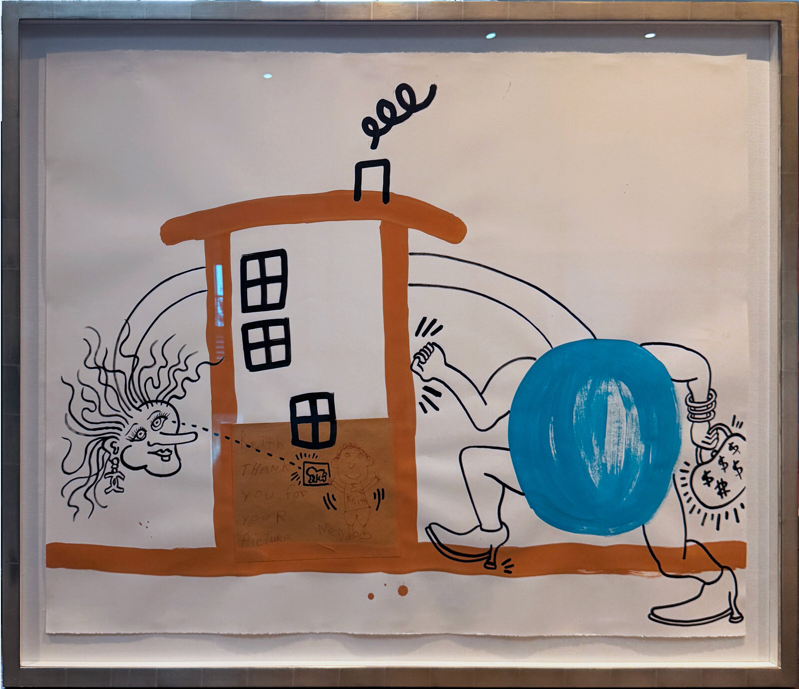 A whimsical mixed-media collage featuring a cartoon figure, a house, and a surreal face.