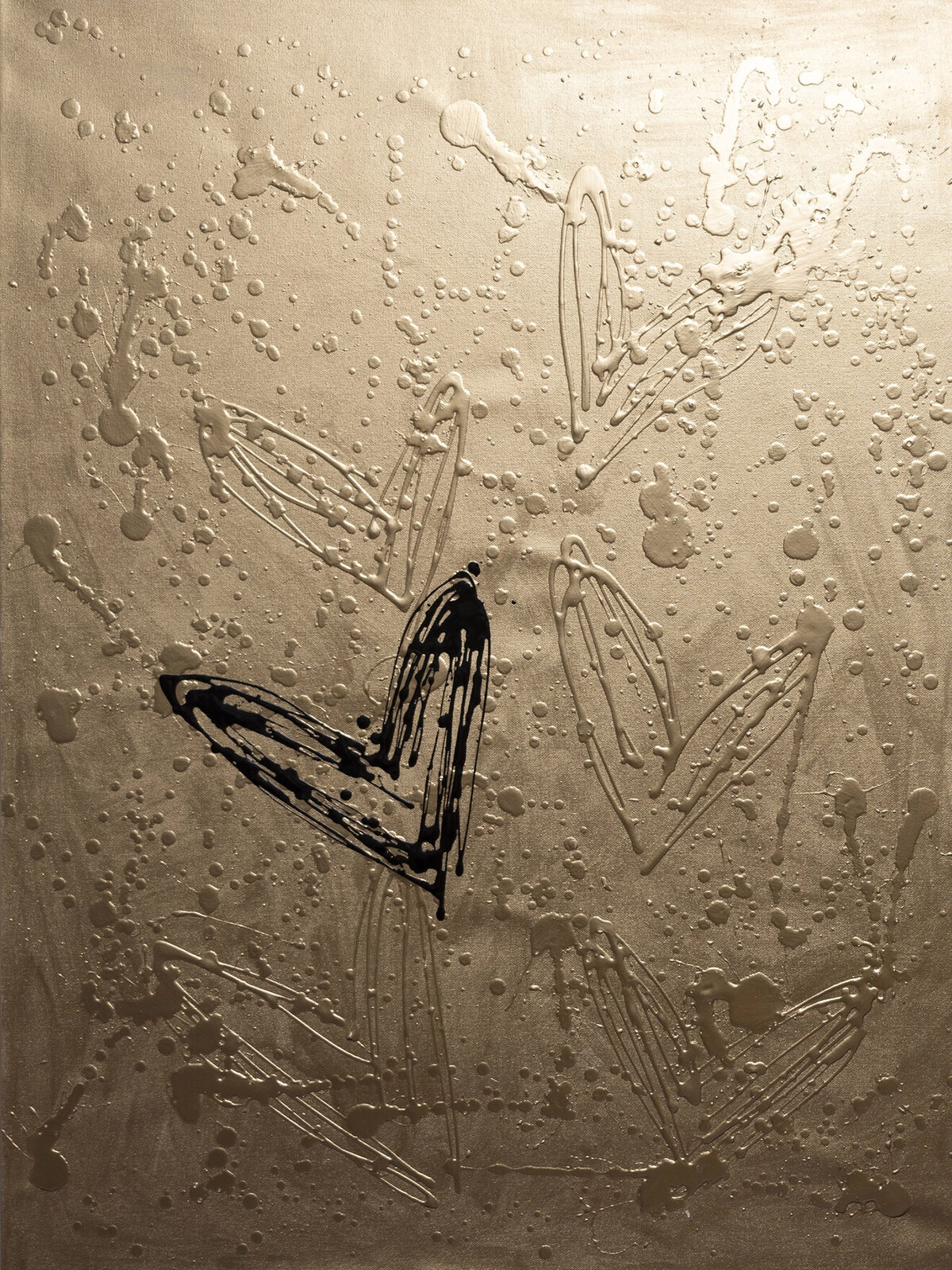A monochromatic abstract composition featuring a central black heart shape surrounded by white, dripping lines and splatters on a textured surface.