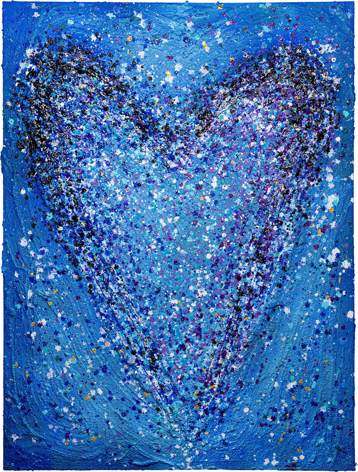 A textured abstract composition featuring a heart shape formed by splattered paint.