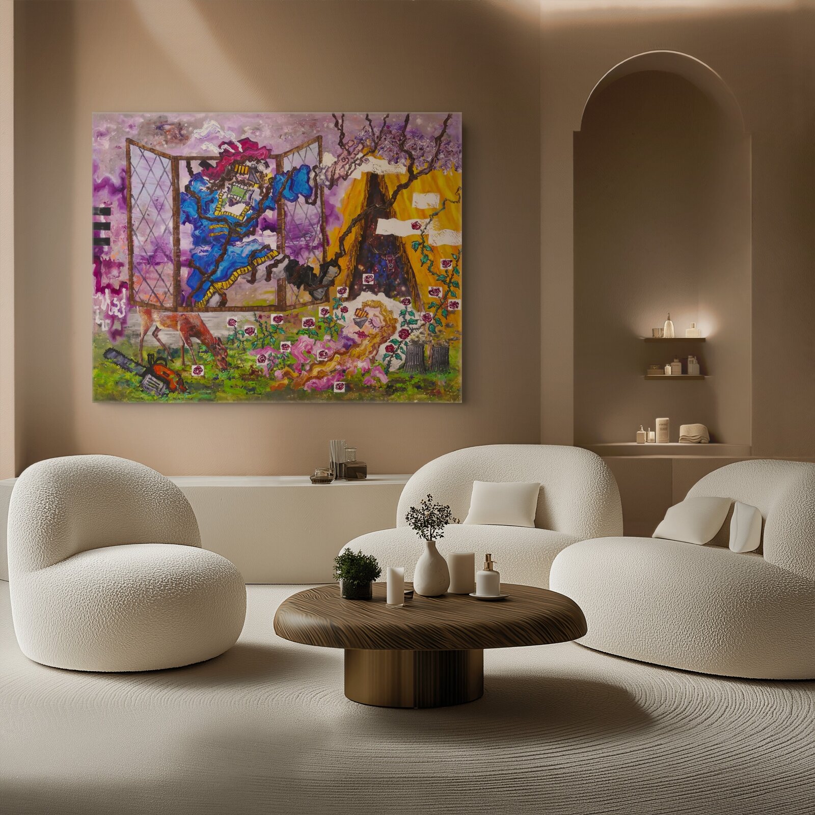 A surreal collage-style painting featuring a blue-clad figure, a deer, and a garden scene.