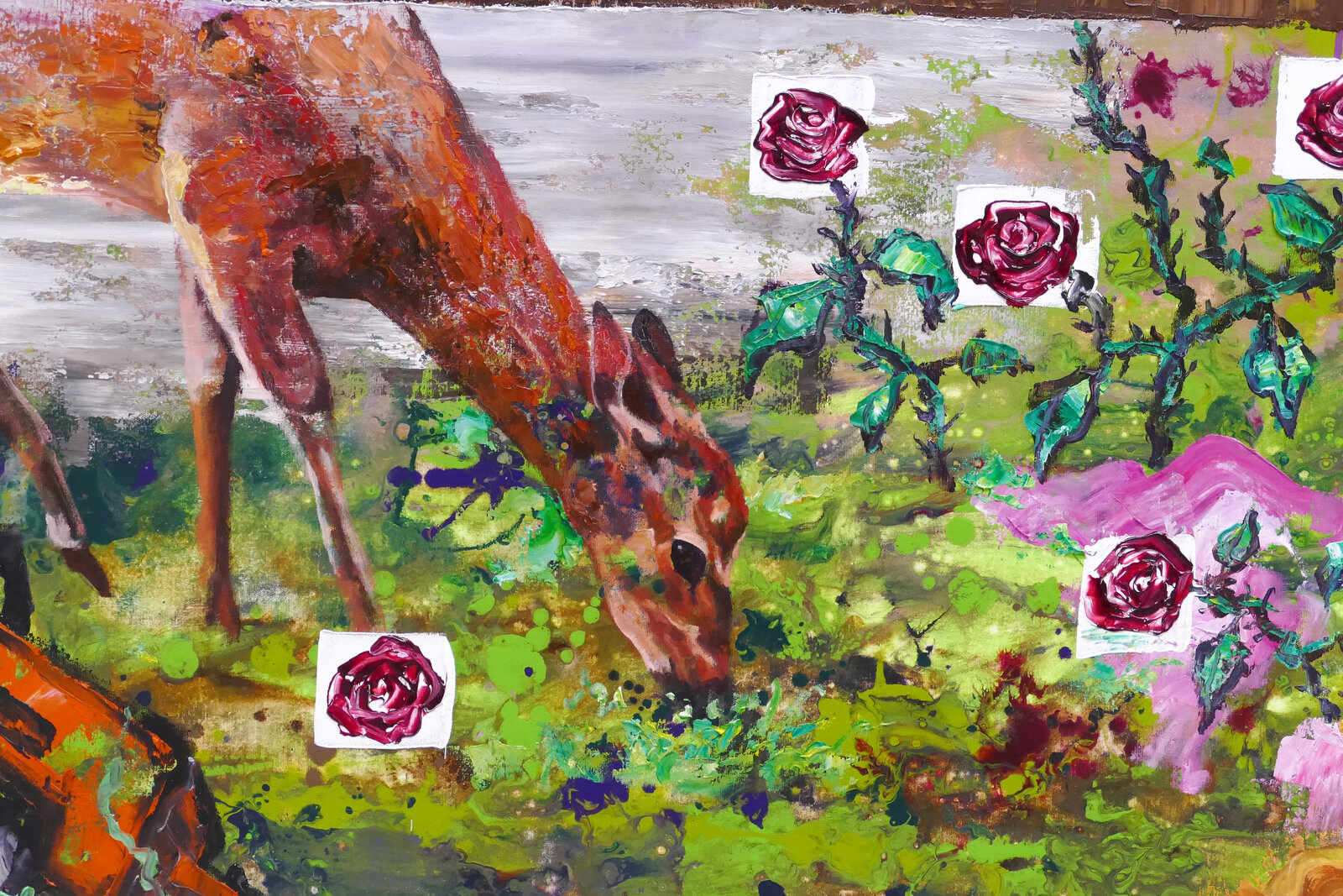 A surreal collage-style painting featuring a blue-clad figure, a deer, and a garden scene.