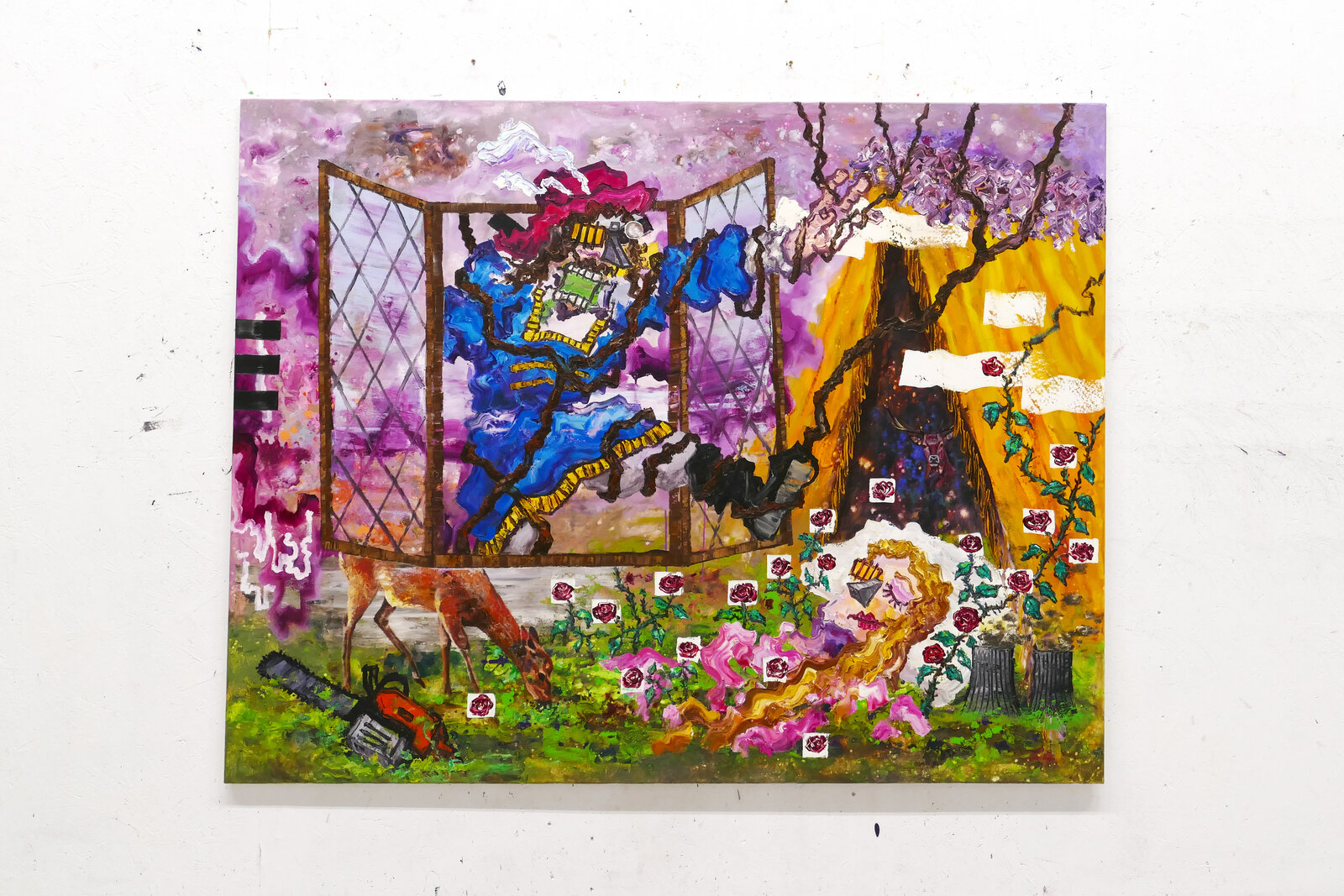 A surreal collage-style painting featuring a blue-clad figure, a deer, and a garden scene.