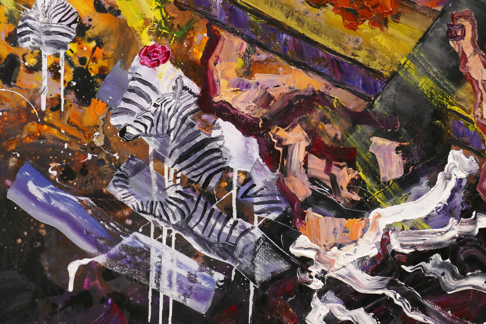 A chaotic, colorful painting of a coffin surrounded by hands, roses, and animals.
