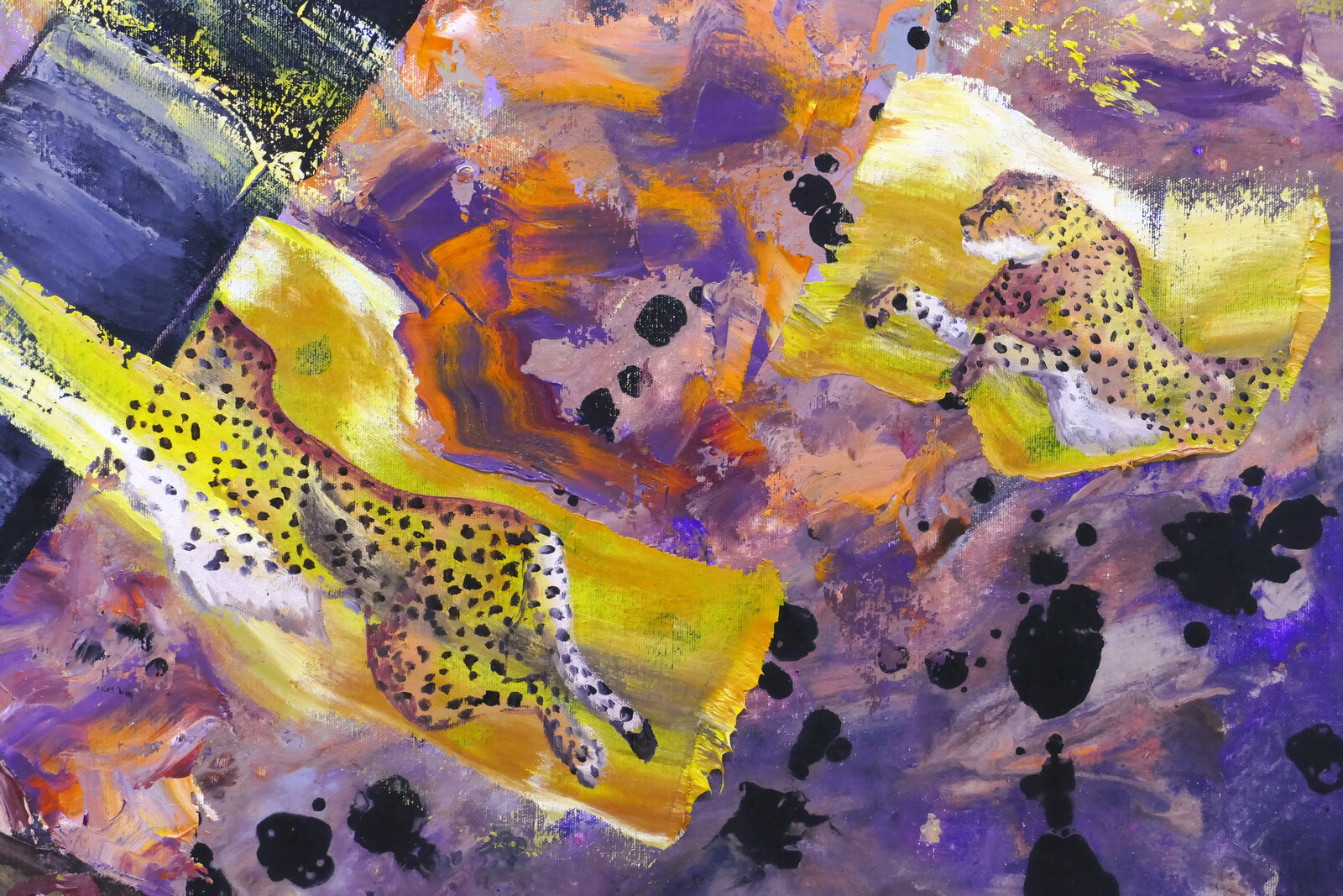 A chaotic, colorful painting of a coffin surrounded by hands, roses, and animals.