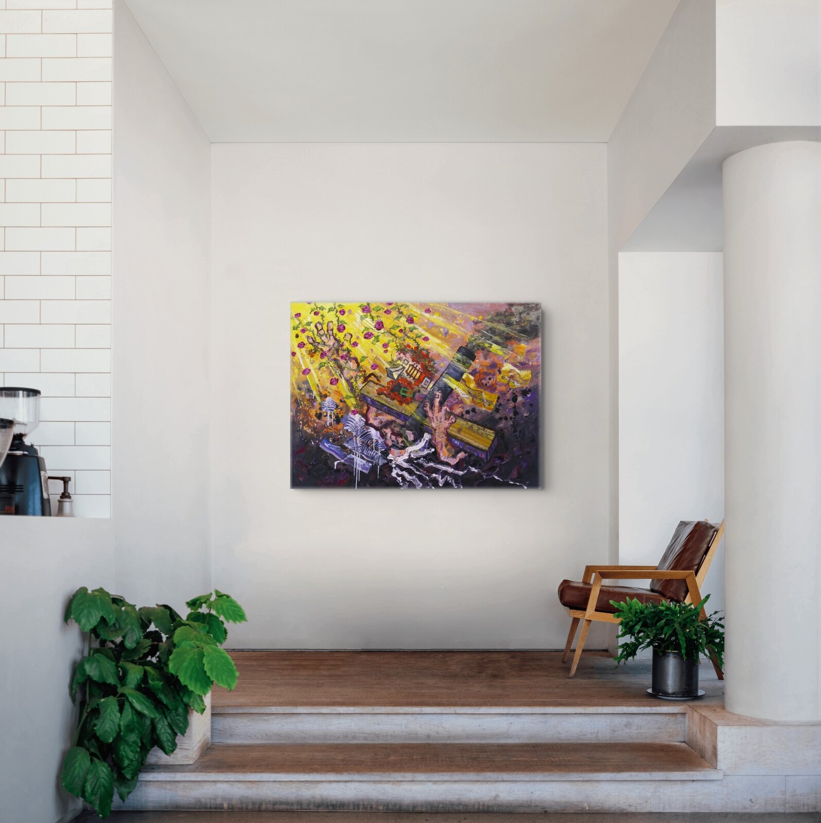 A chaotic, colorful painting of a coffin surrounded by hands, roses, and animals.