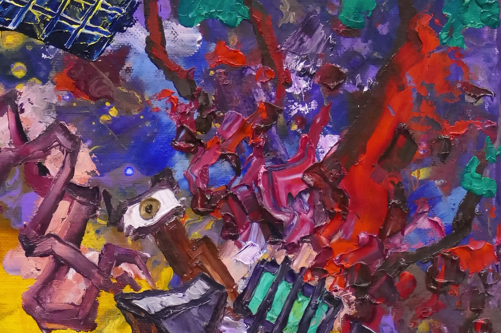 A chaotic, colorful painting of a forest scene with a deer and surreal floating objects.