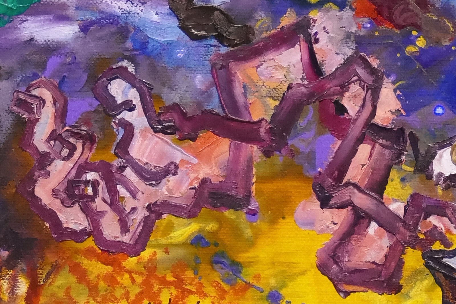 A chaotic, colorful painting of a forest scene with a deer and surreal floating objects.