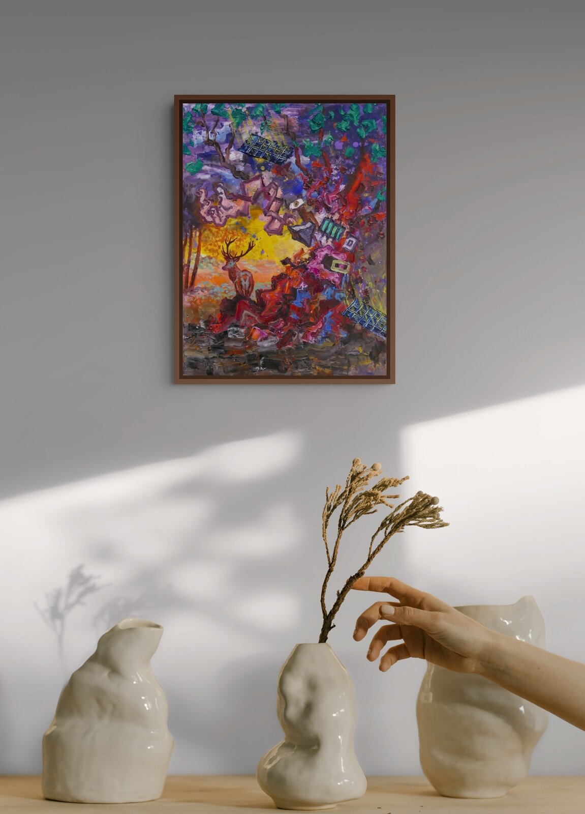 A chaotic, colorful painting of a forest scene with a deer and surreal floating objects.