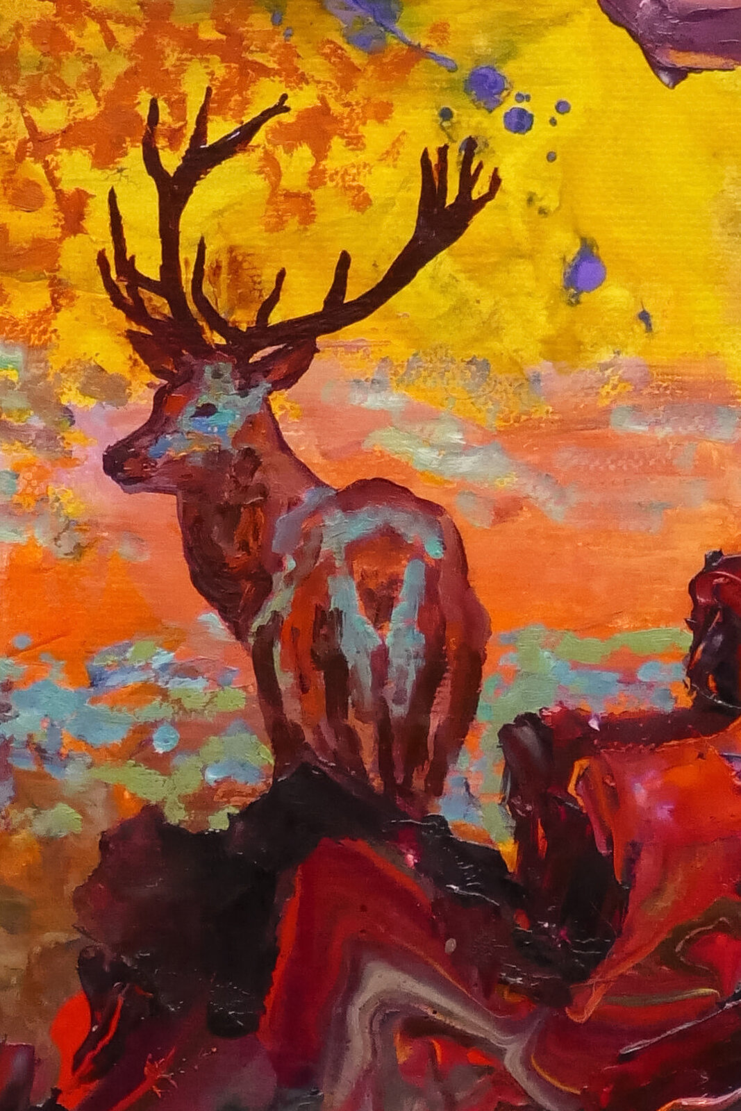 A chaotic, colorful painting of a forest scene with a deer and surreal floating objects.