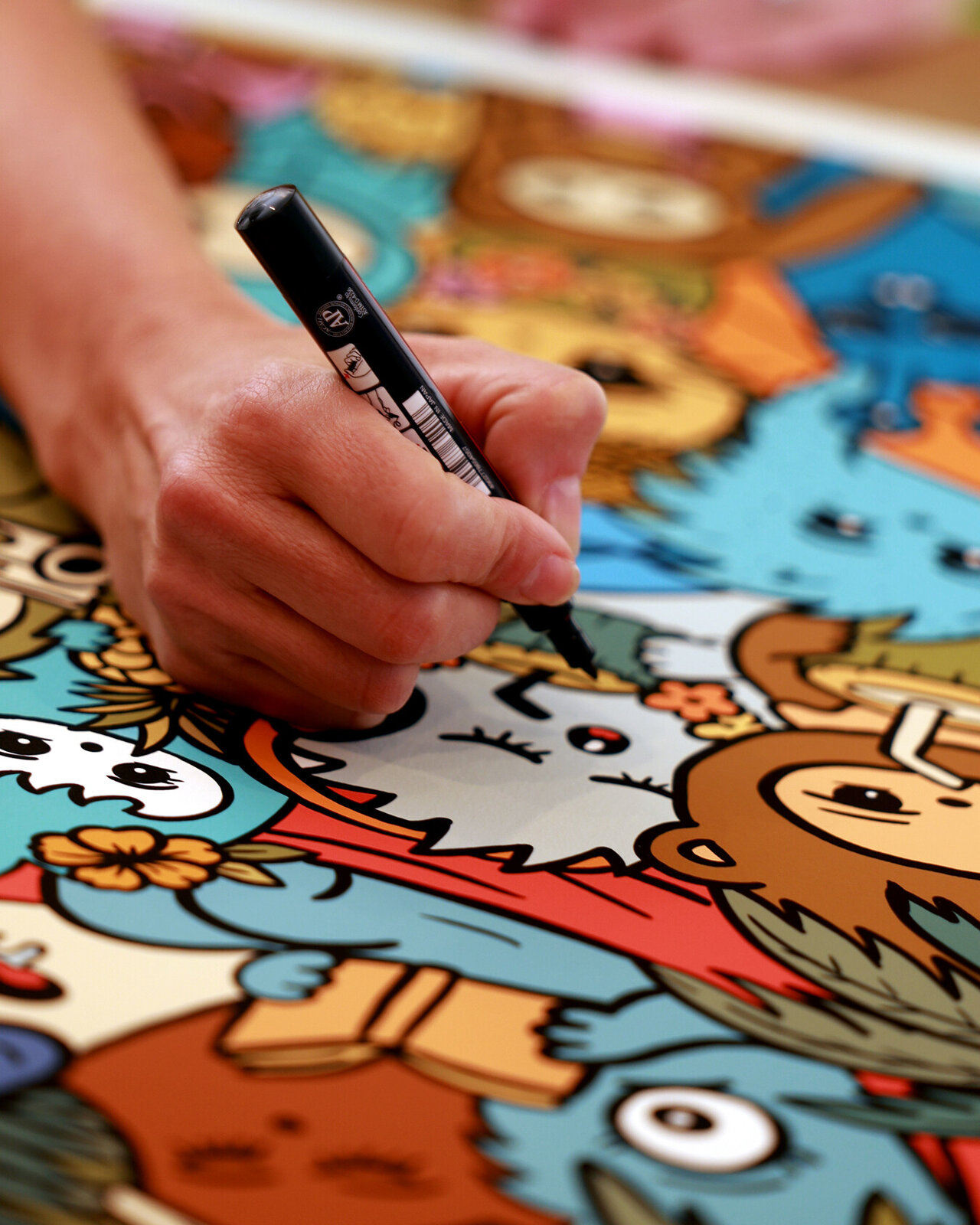A vibrant, crowded illustration of a beach party featuring numerous whimsical characters enjoying summer activities.