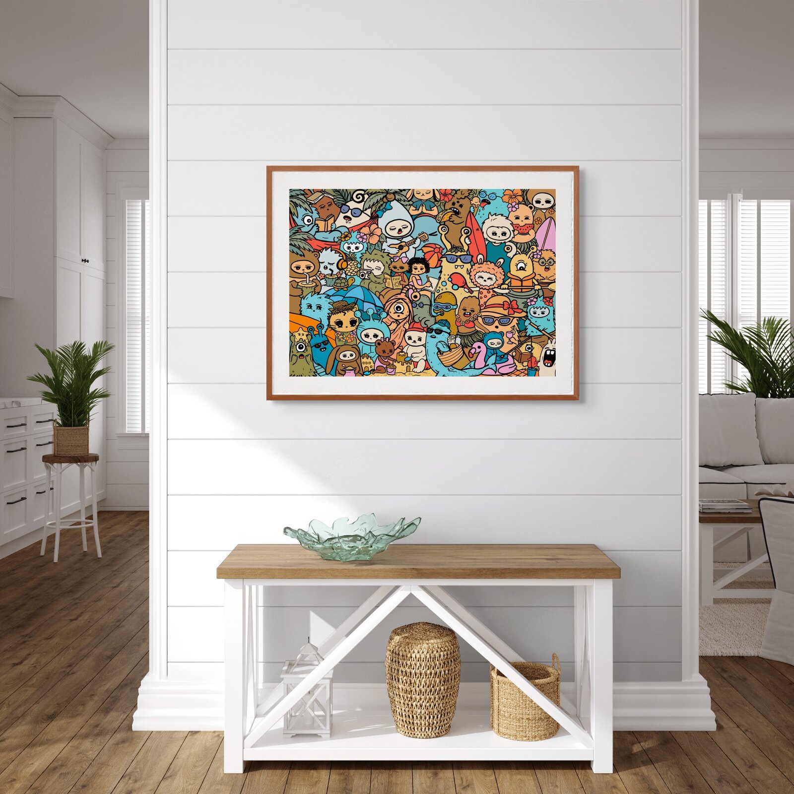 A vibrant, crowded illustration of a beach party featuring numerous whimsical characters enjoying summer activities.