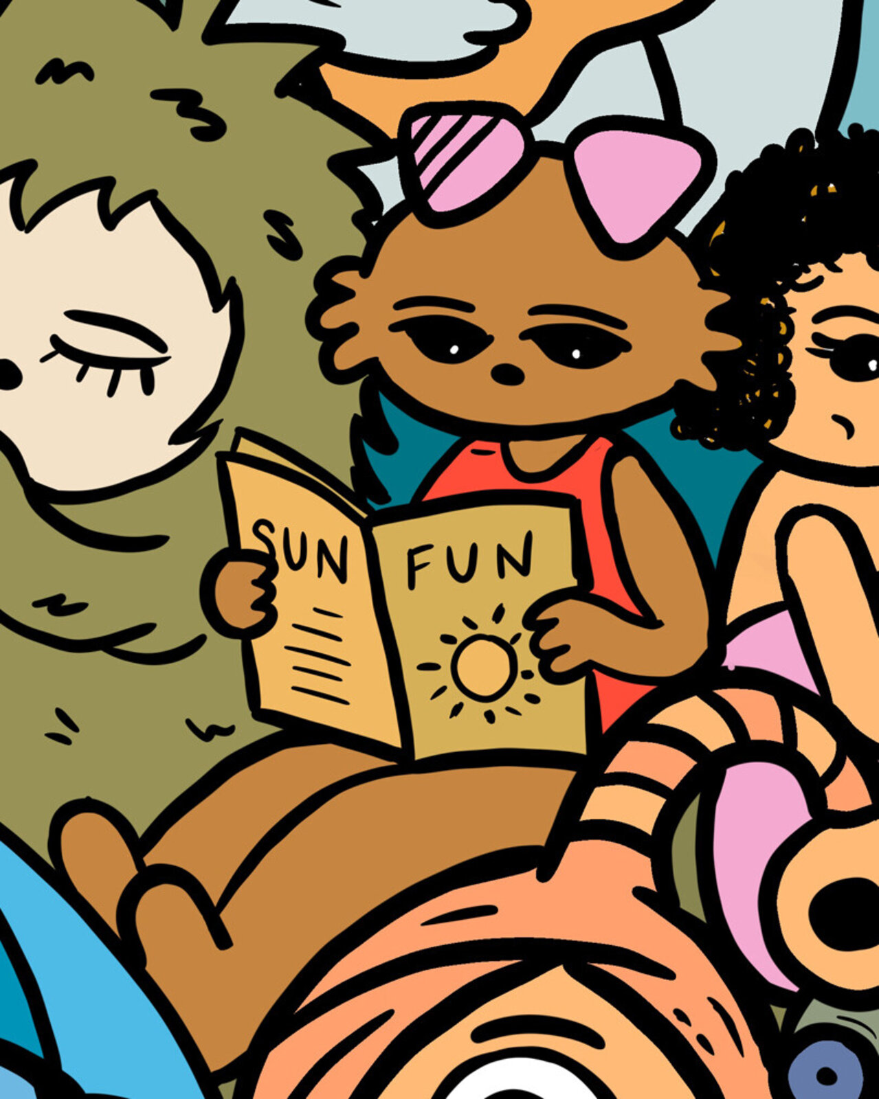 A vibrant, crowded illustration of a beach party featuring numerous whimsical characters enjoying summer activities.