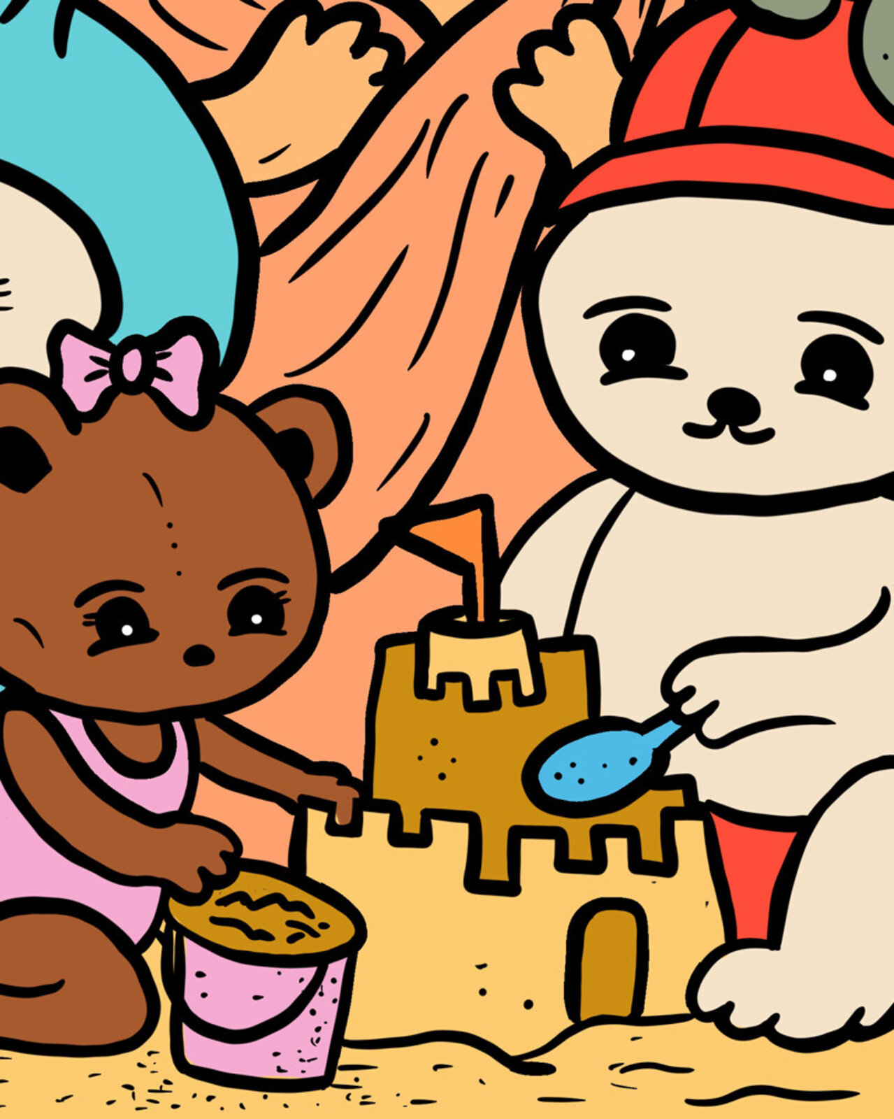 A vibrant, crowded illustration of a beach party featuring numerous whimsical characters enjoying summer activities.