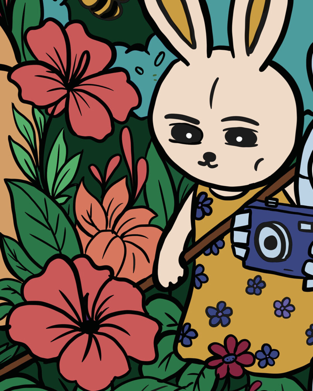 A vibrant, crowded illustration of a whimsical forest gathering featuring diverse anthropomorphic creatures and plants.