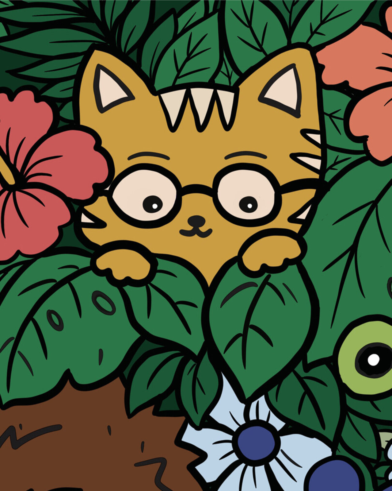 A vibrant, crowded illustration of a whimsical forest gathering featuring diverse anthropomorphic creatures and plants.