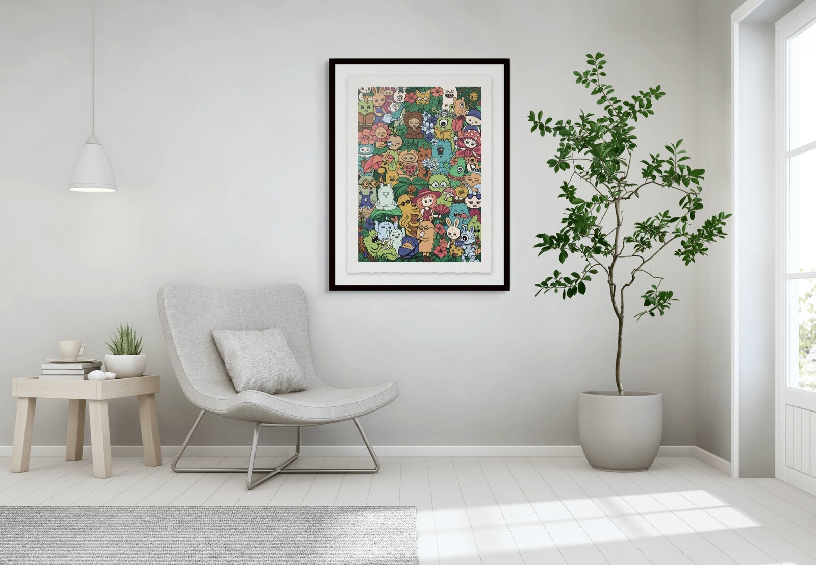 A vibrant, crowded illustration of a whimsical forest gathering featuring diverse anthropomorphic creatures and plants.