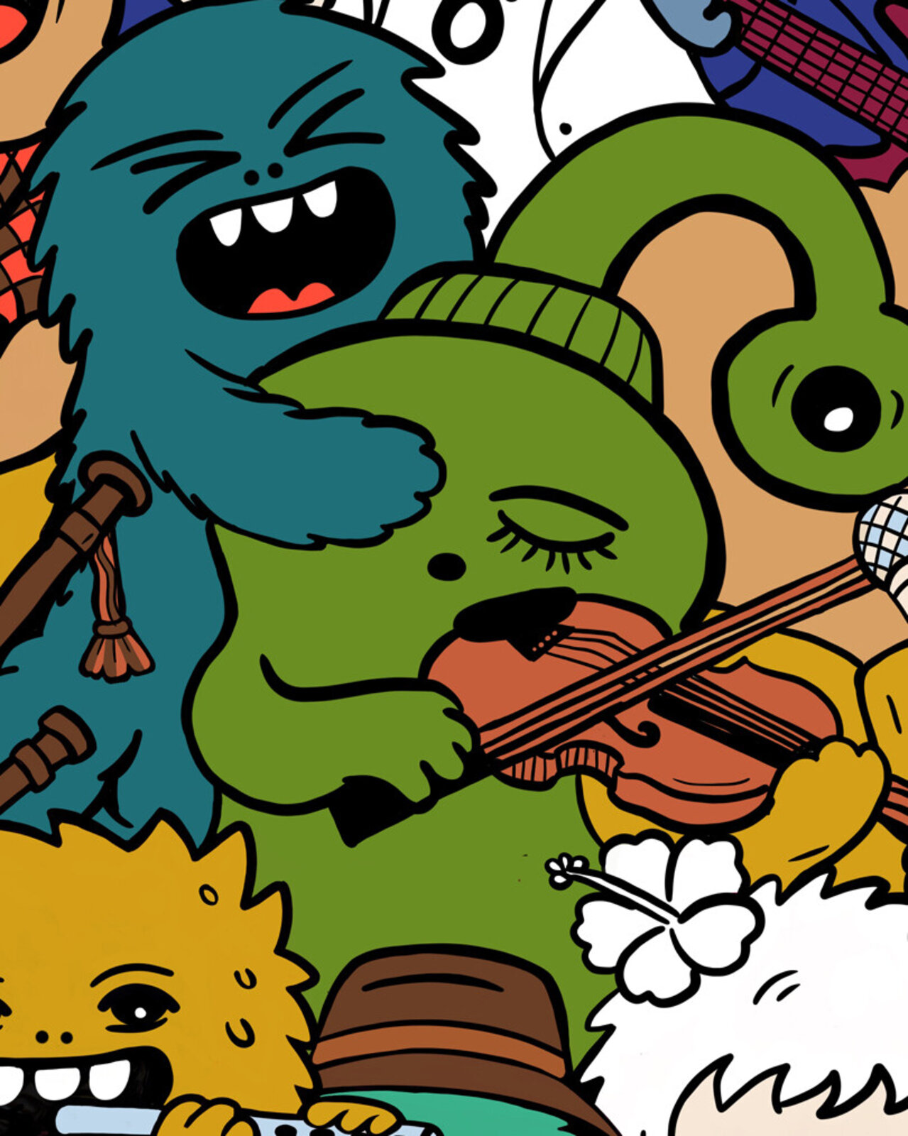 A vibrant, crowded illustration of a diverse band of cartoon characters playing instruments.