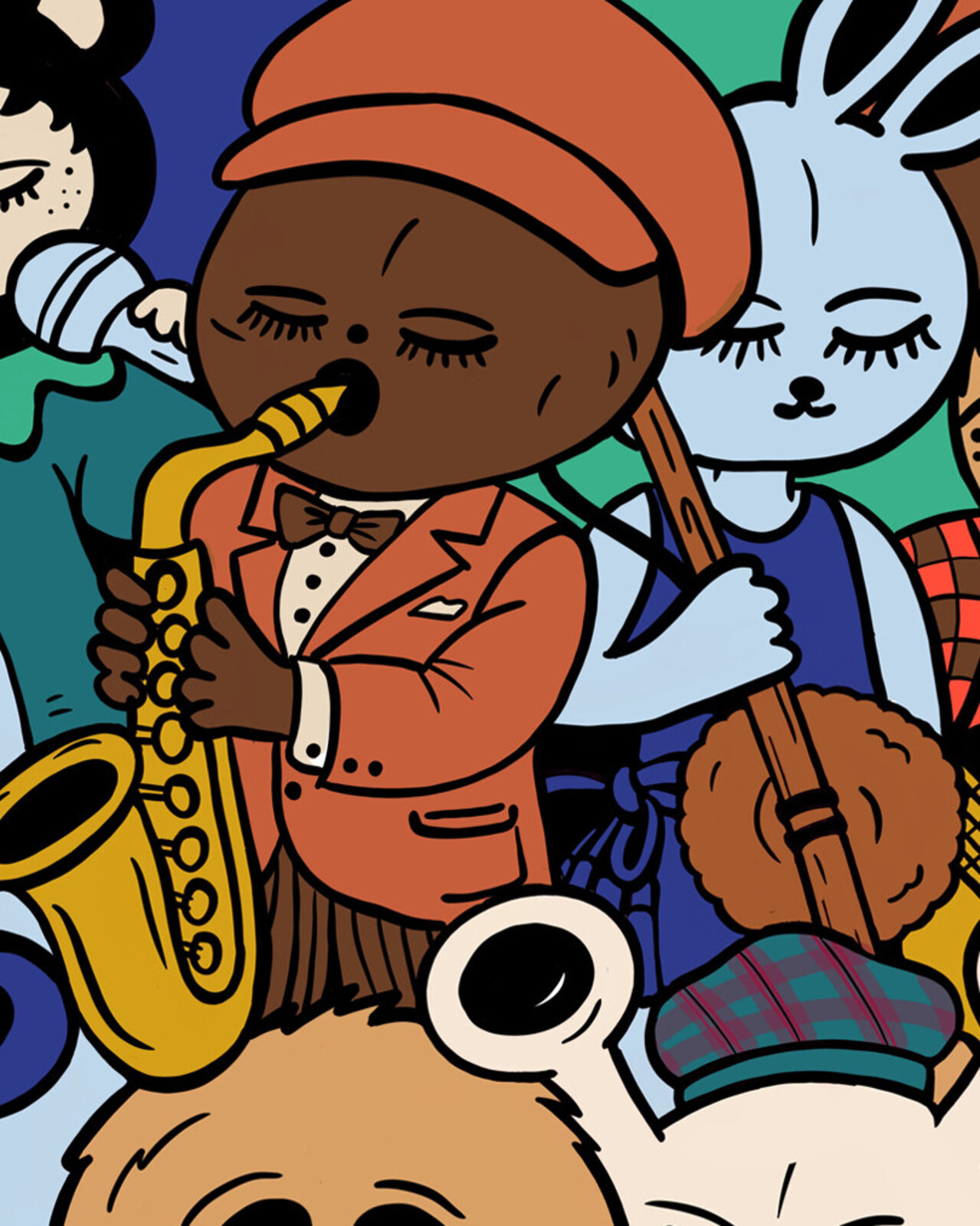 A vibrant, crowded illustration of a diverse band of cartoon characters playing instruments.