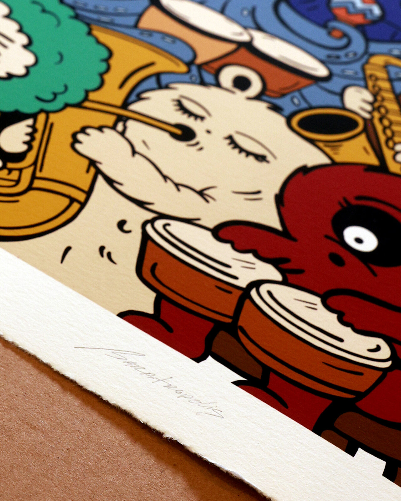 A vibrant, crowded illustration of a diverse band of cartoon characters playing instruments.