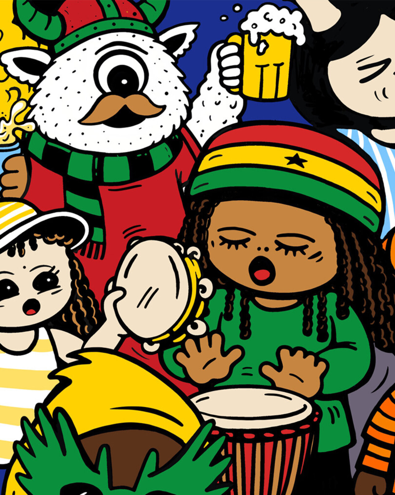 A vibrant, chaotic collage of diverse cartoon characters celebrating a sports event.