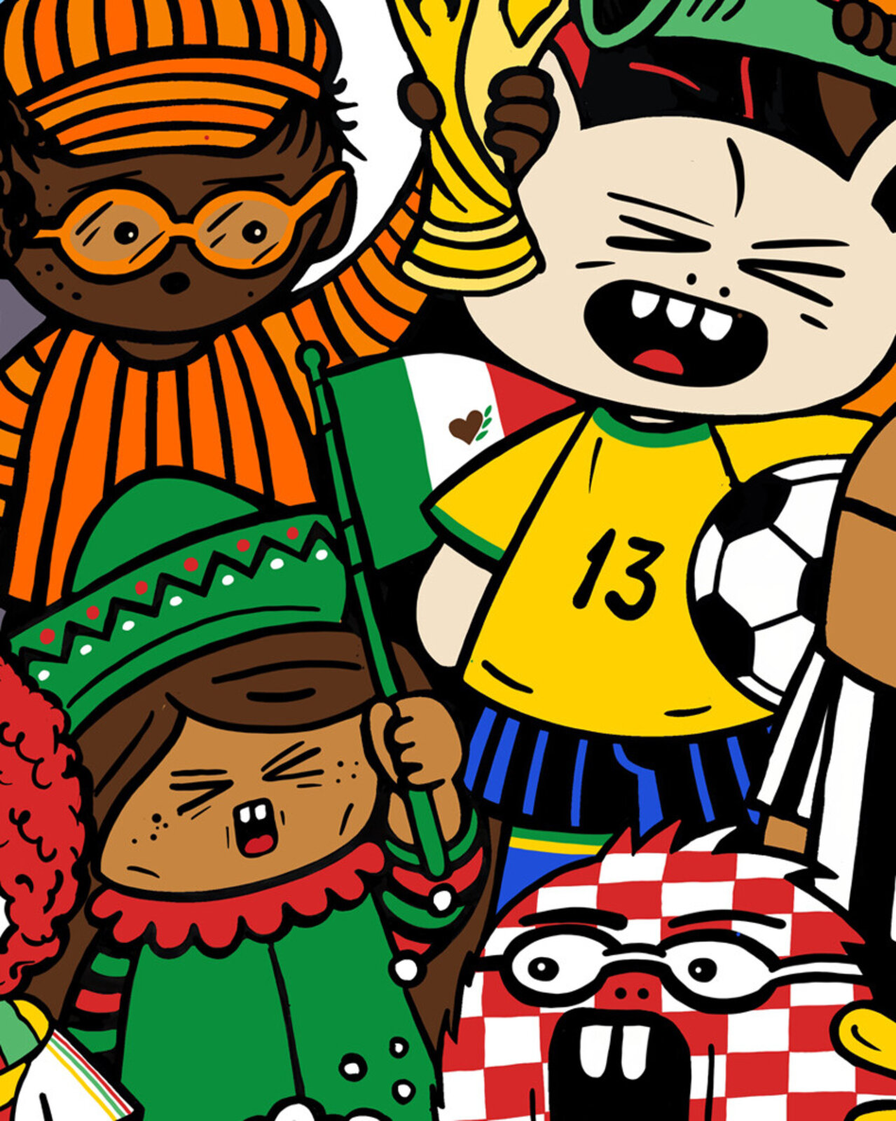 A vibrant, chaotic collage of diverse cartoon characters celebrating a sports event.