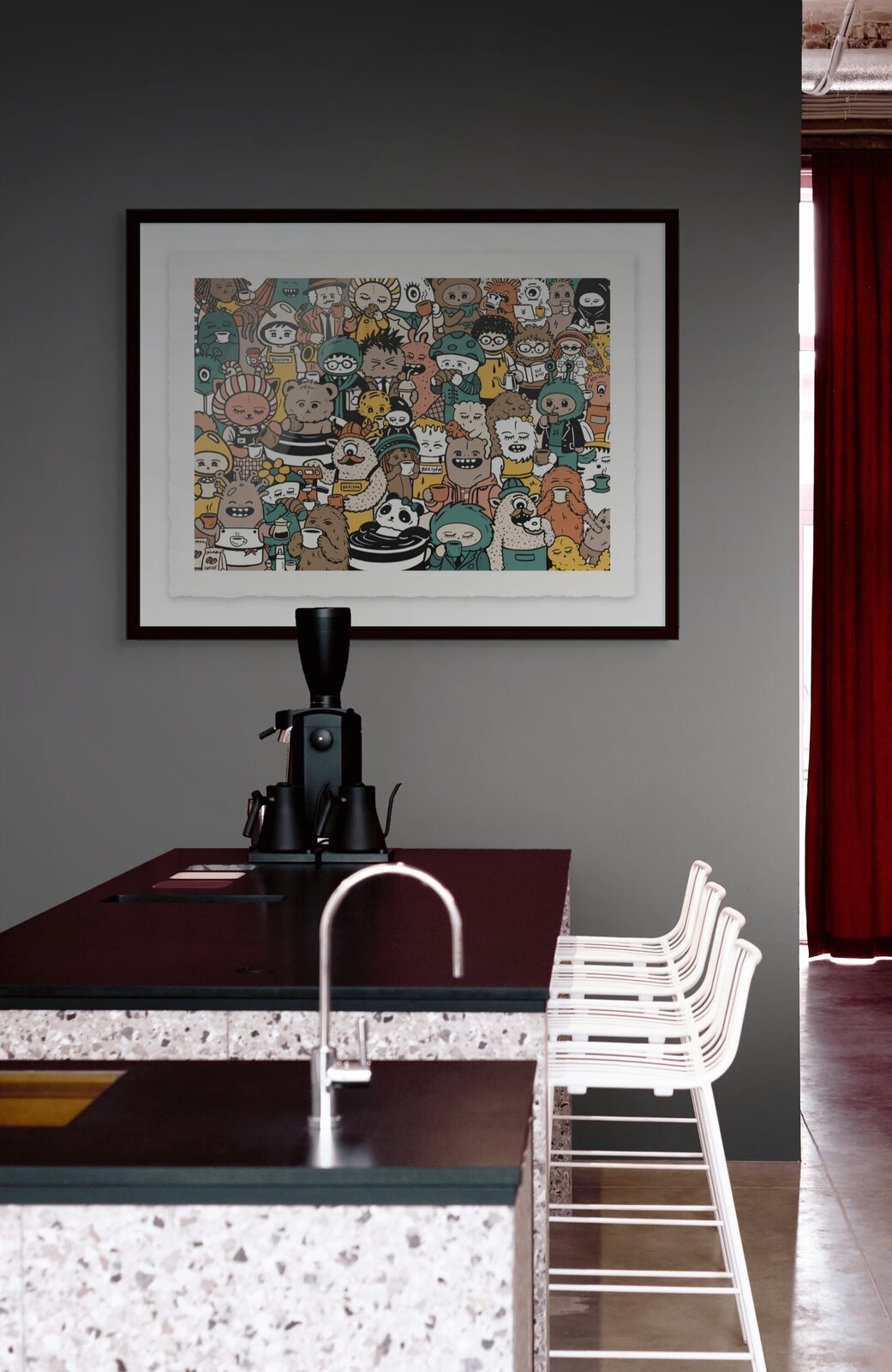 A dense, colorful illustration of a crowded coffee shop filled with diverse anthropomorphic characters.