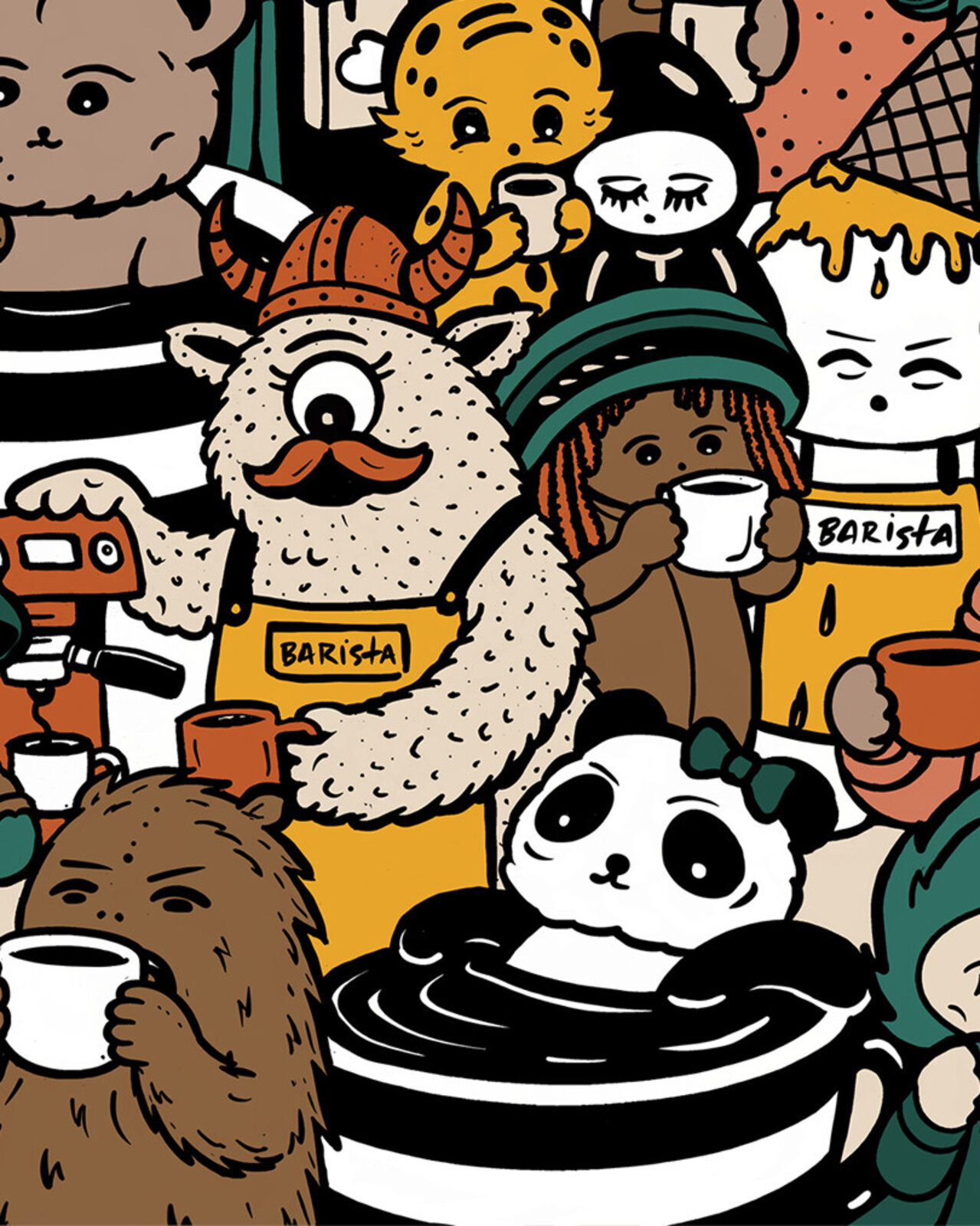 A dense, colorful illustration of a crowded coffee shop filled with diverse anthropomorphic characters.