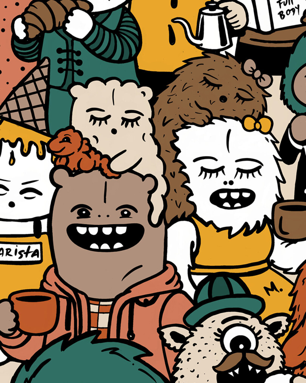 A dense, colorful illustration of a crowded coffee shop filled with diverse anthropomorphic characters.
