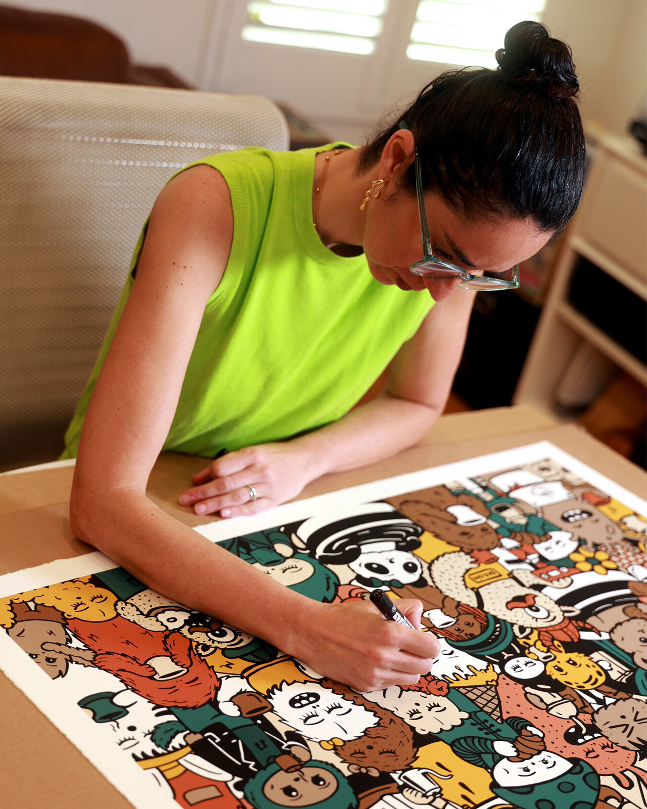 A dense, colorful illustration of a crowded coffee shop filled with diverse anthropomorphic characters.