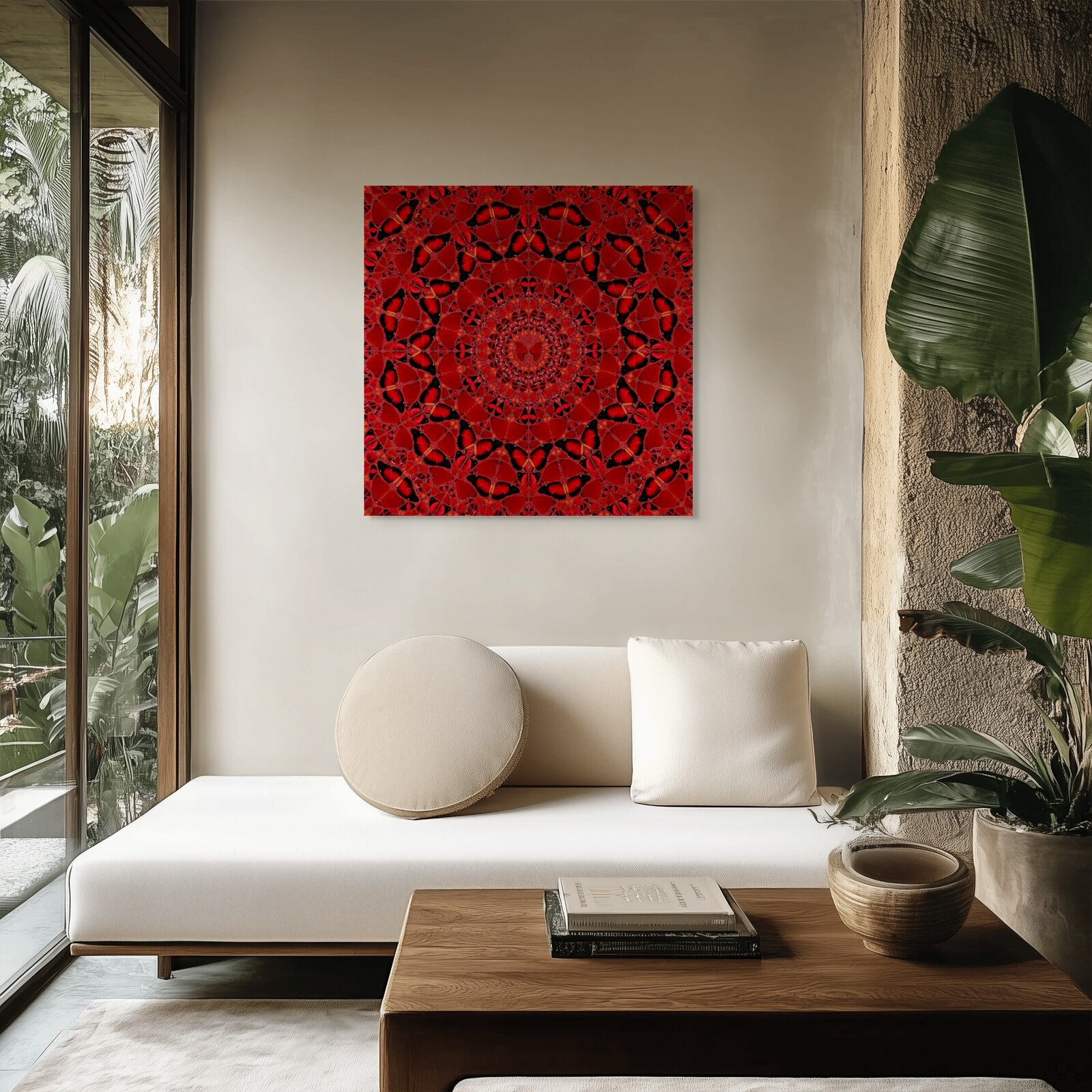 A kaleidoscopic mandala of red and black butterflies spiraling inward.