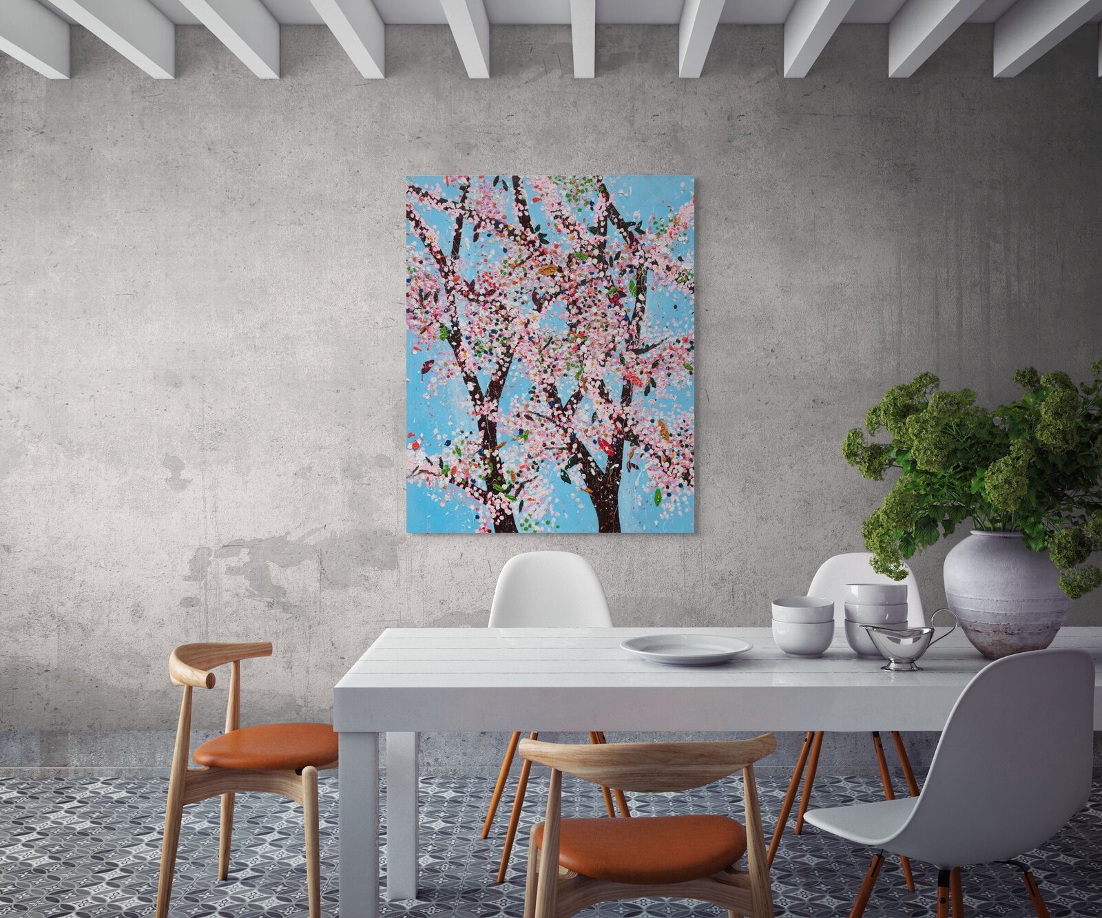 A vibrant, textured painting of a blossoming tree against a bright blue sky.