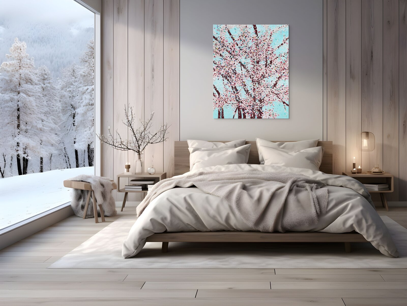 A textured painting of blooming trees against a light blue background.