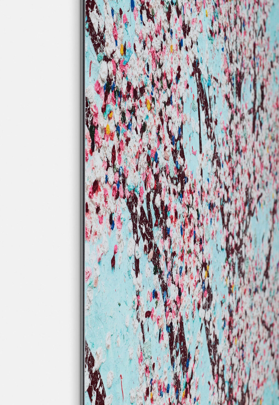 A textured painting of blooming trees against a light blue background.